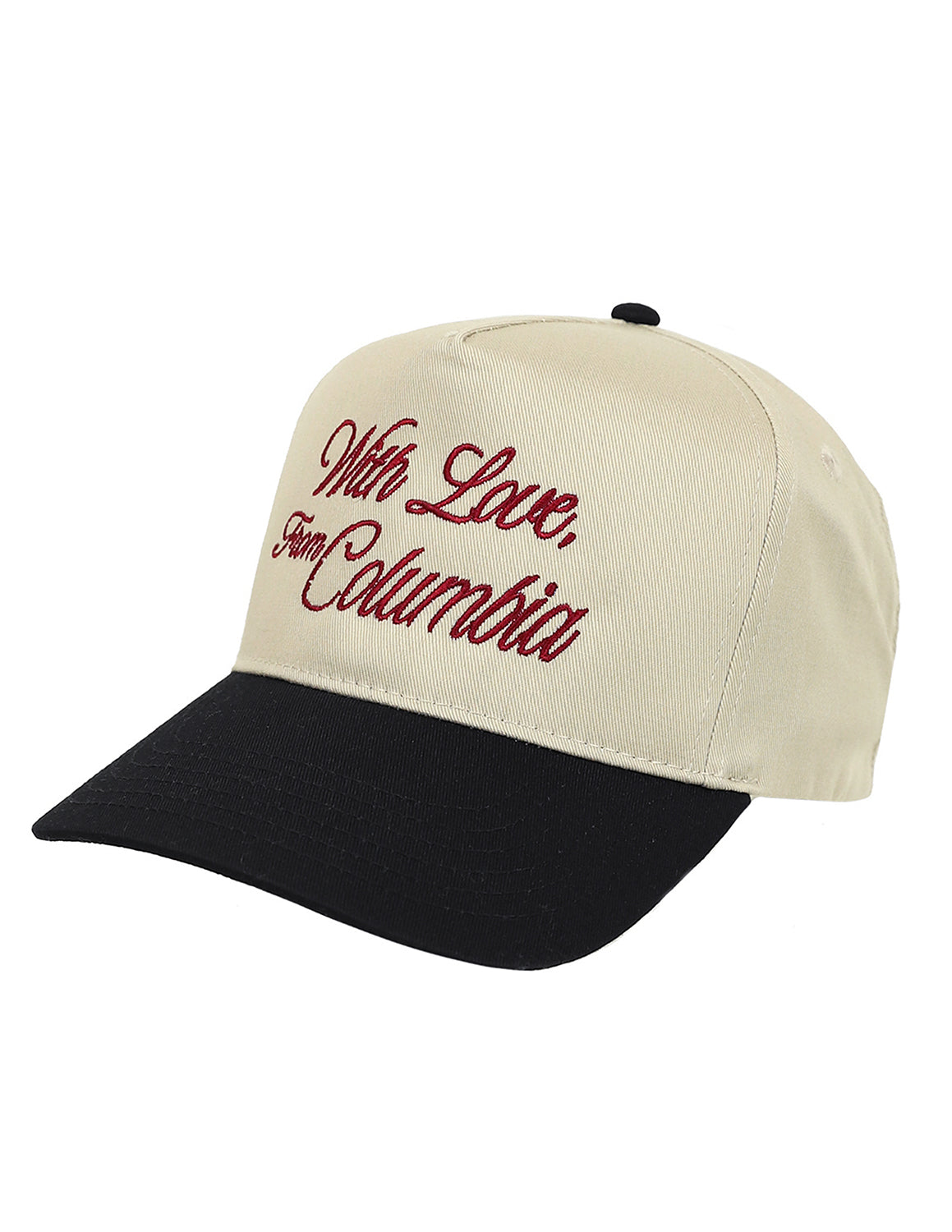 Cream University of South Carolina unisex hat that features a black brim and red embroidery lettering.