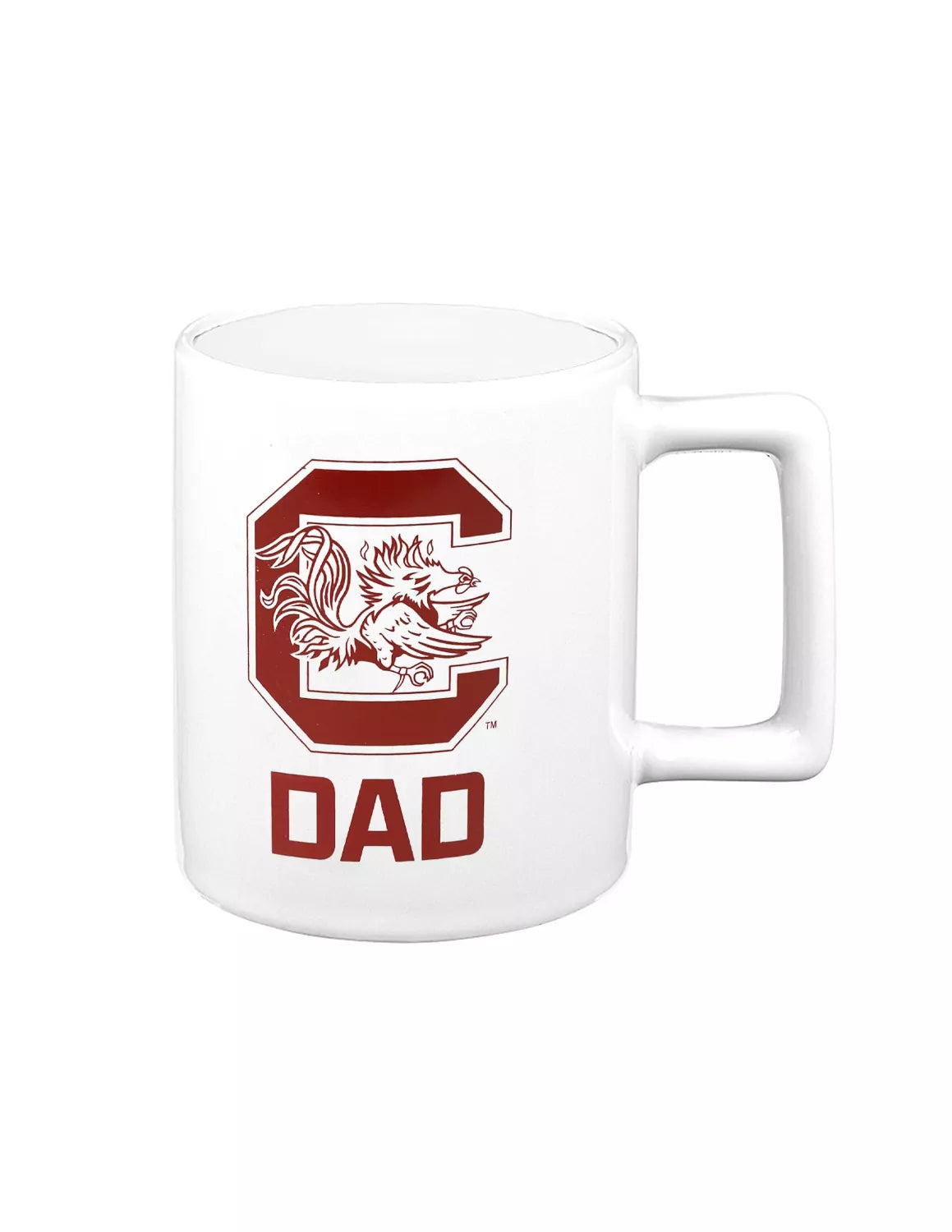 White University of South Carolina ceramic mug that features a gamecocks logo and "dad" text. 