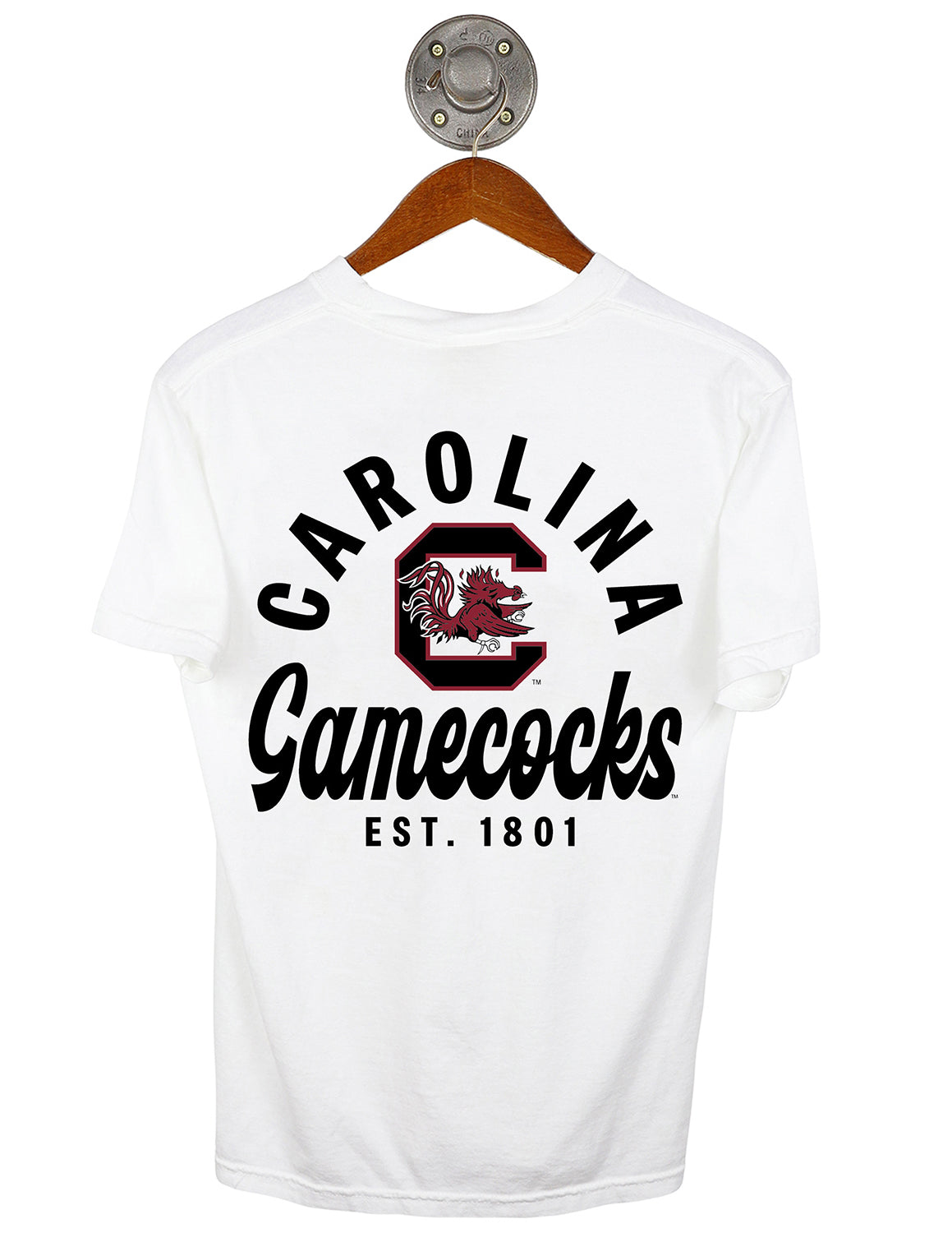 Back-view of white University of South Carolina unisex t-shirt that features a large design of a USC logo and black text surrounding the logo. 