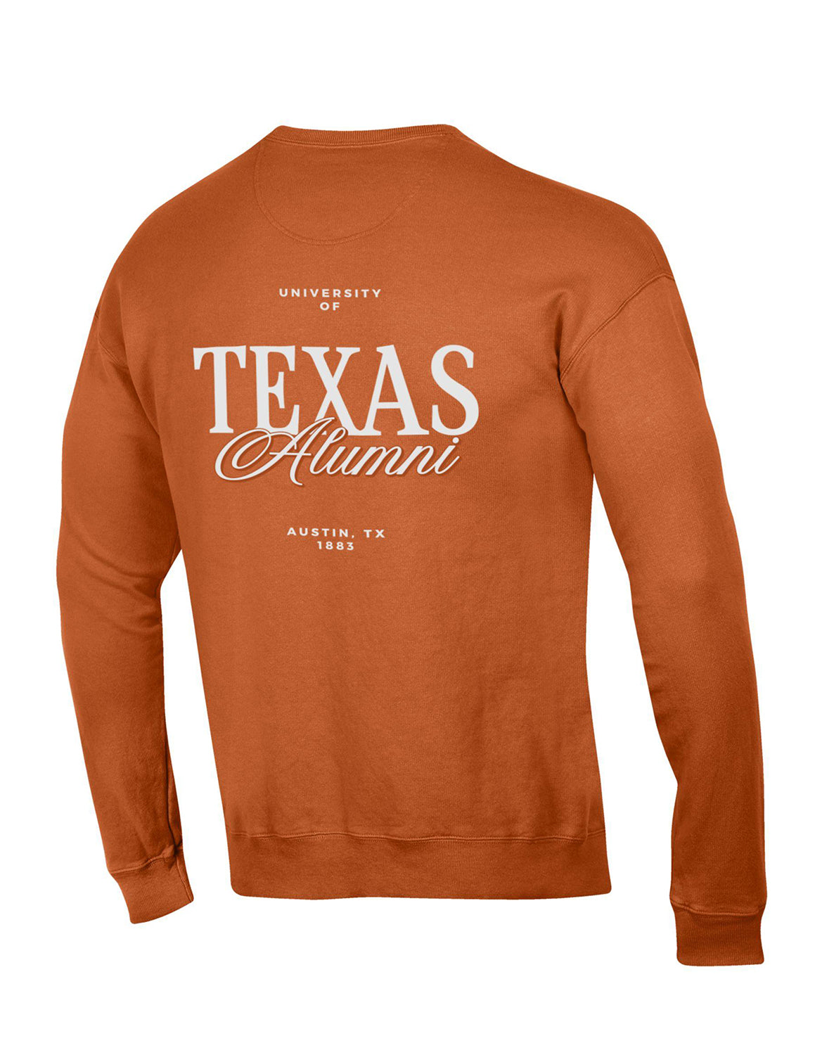 Texas orange University of Texas unisex crewneck sweatshirt featuring a back design of white lettering. 