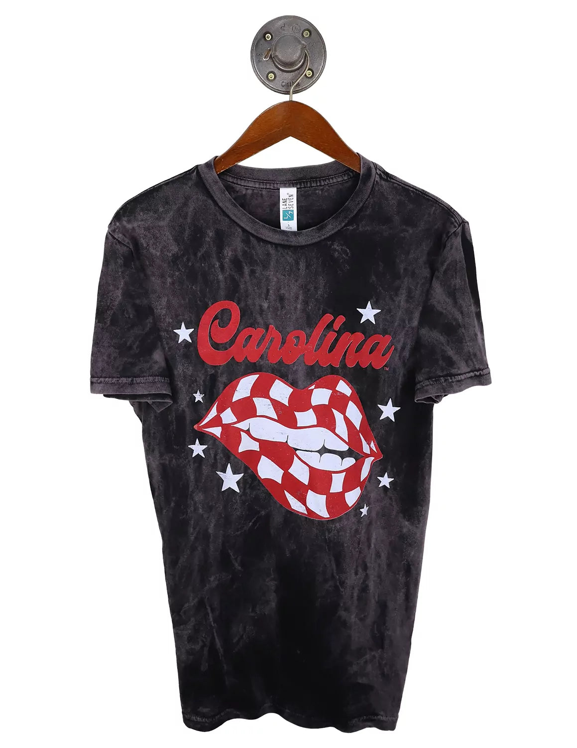Black acid wash University of South Carolina unisex short-sleeve t-shirt that features "Carolina" garnet lettering above a checkered lips graphic with white stars surrounding. 