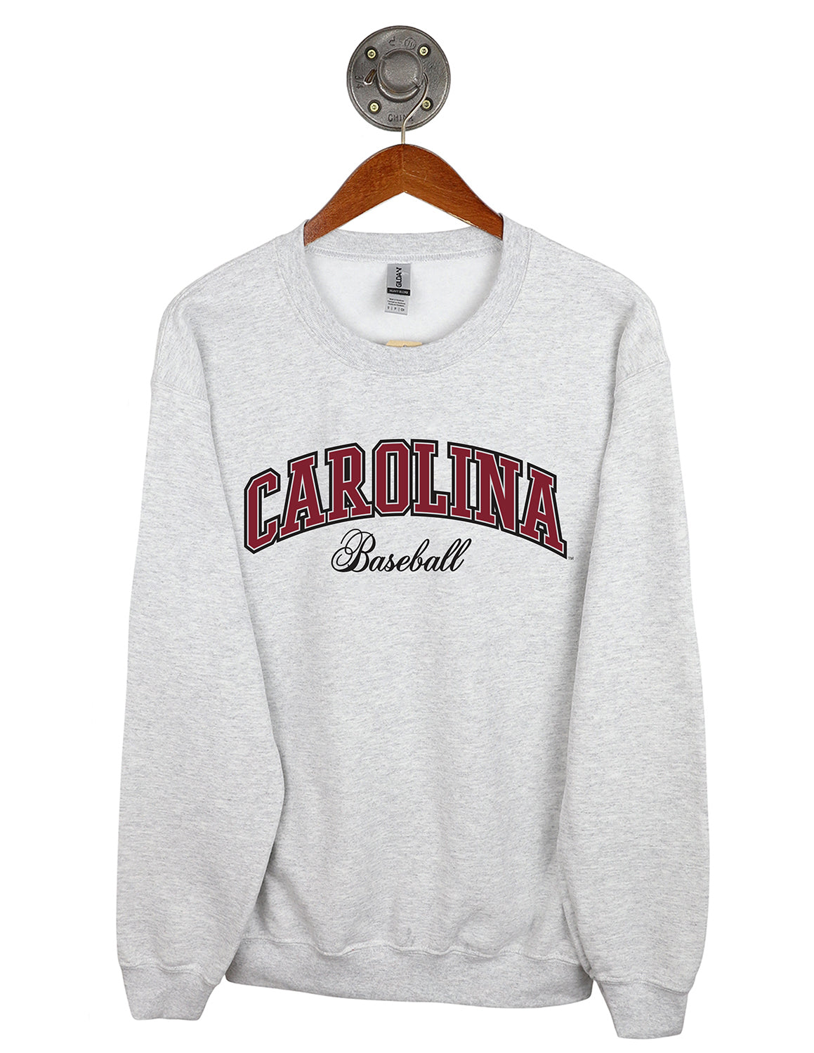 Ash grey University of South Carolina unisex Gildan crewneck sweatshirt that features "Carolina Baseball" text in garnet and black lettering. 