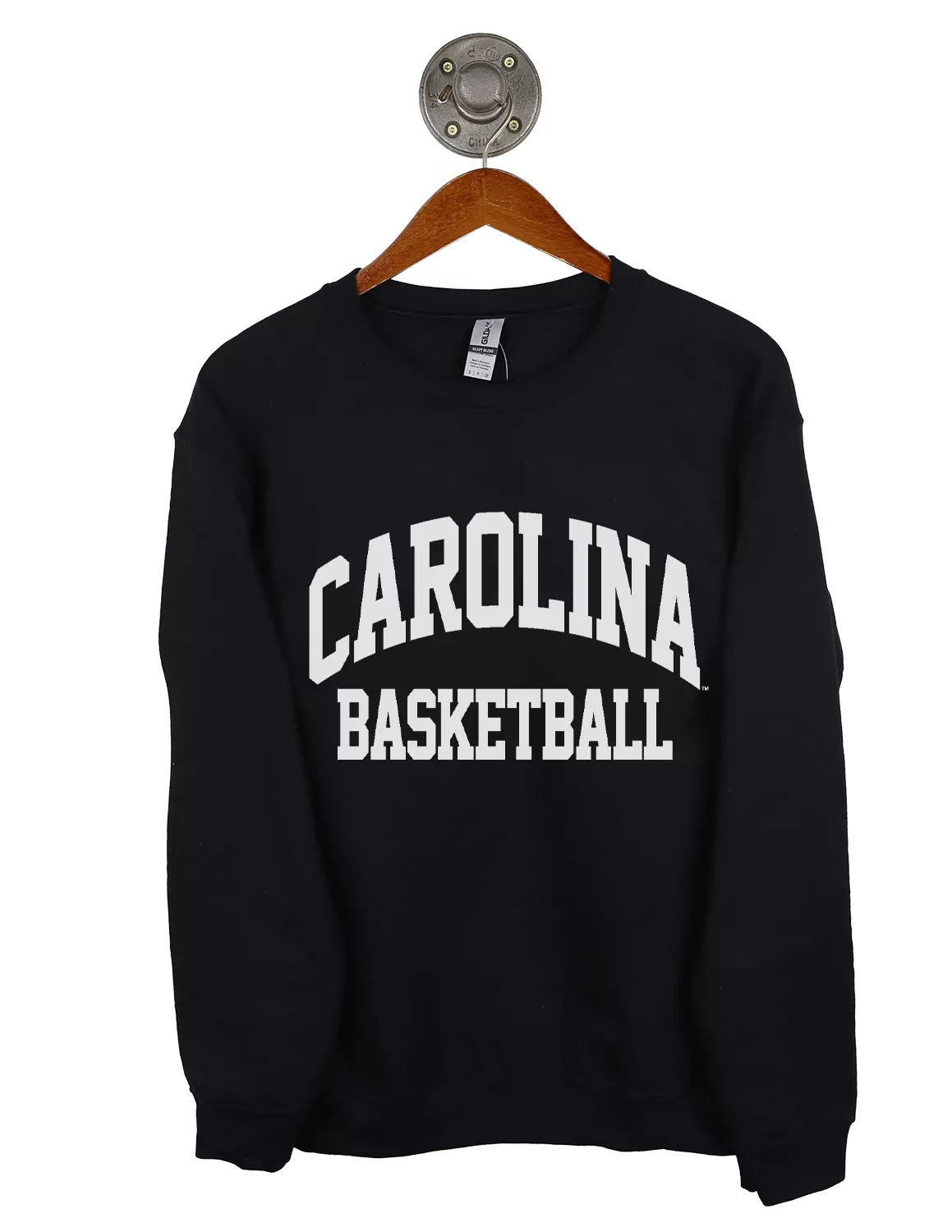 Black University of South Carolina Gildan unisex crewneck sweatshirt with white "Carolina Basketball" lettering. 