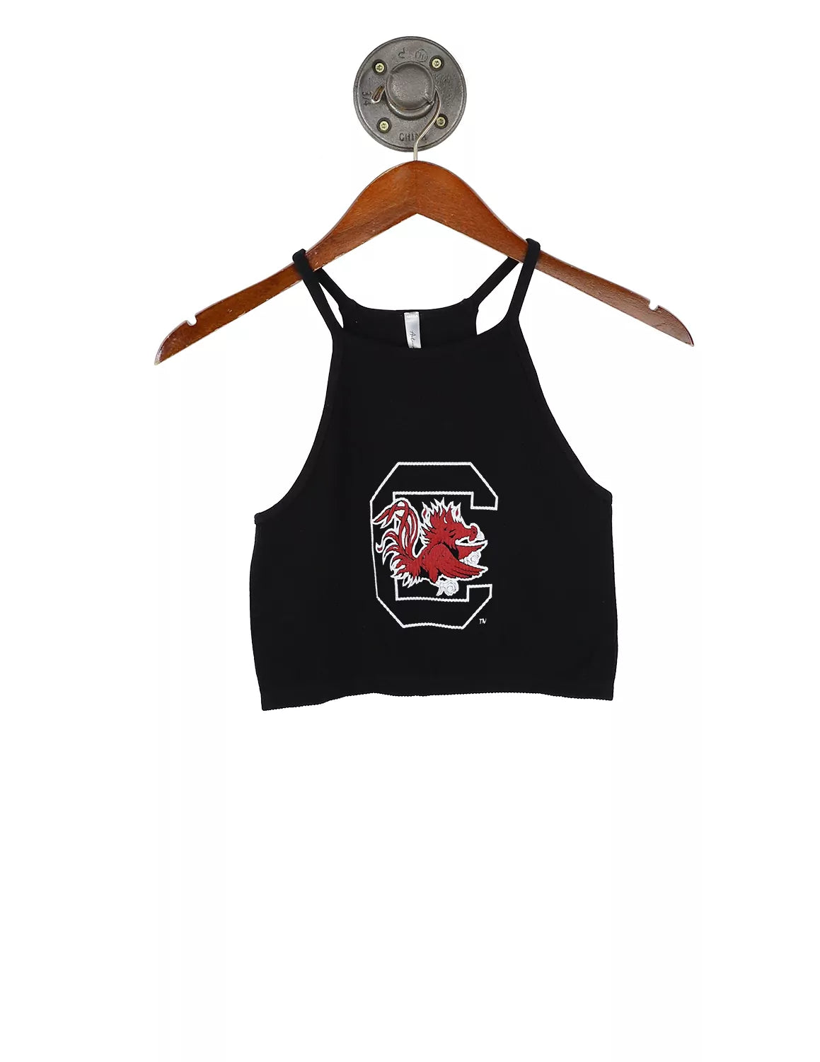 Black University of South Carolina cropped ribbed racerback tank top that features a Gamecock logo. 