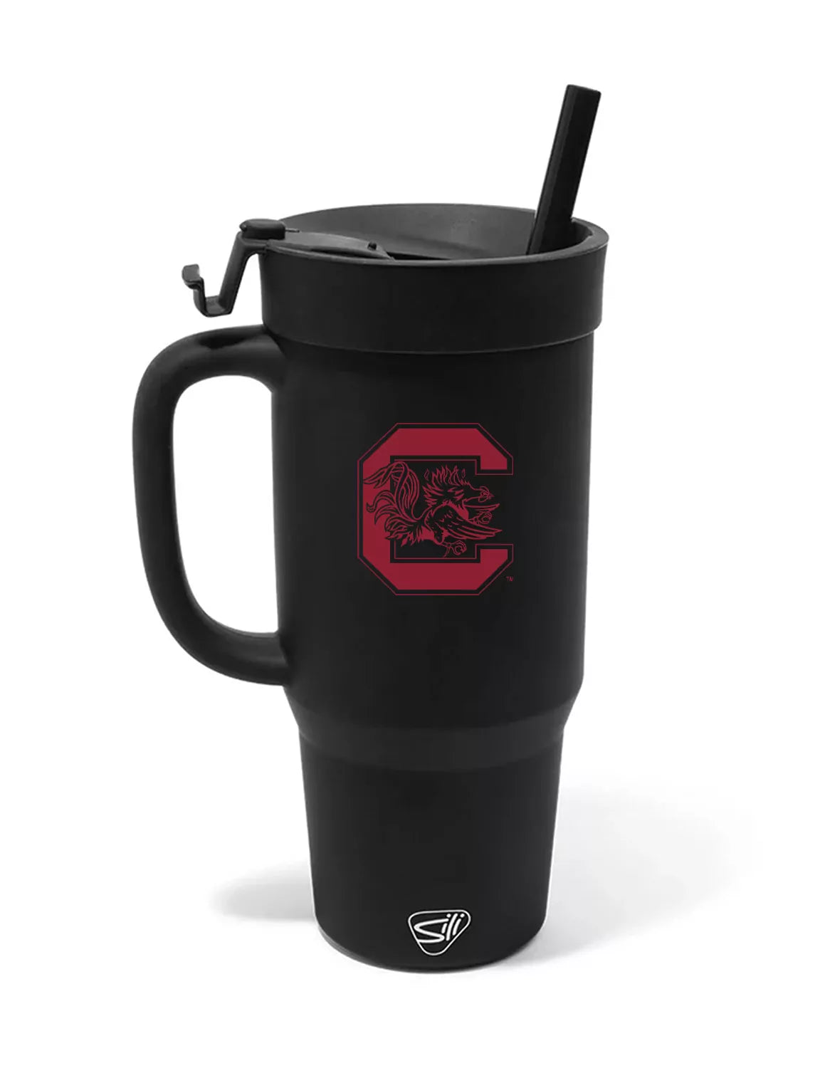 Black University of South Carolina silicone tumbler that features a handle with a Gamecocks logo on the front. 