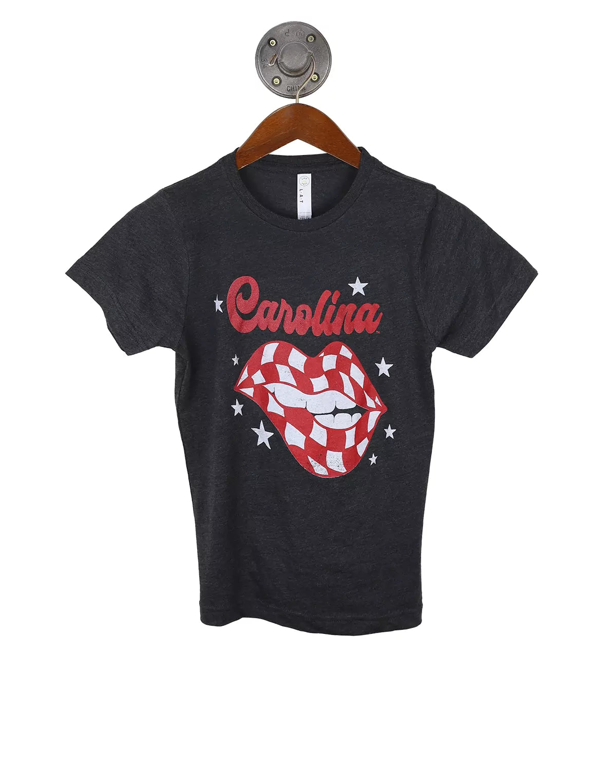 Black youth University of South Carolina t-shirt that features a checkered lips graphic with white stars and red lettering. 