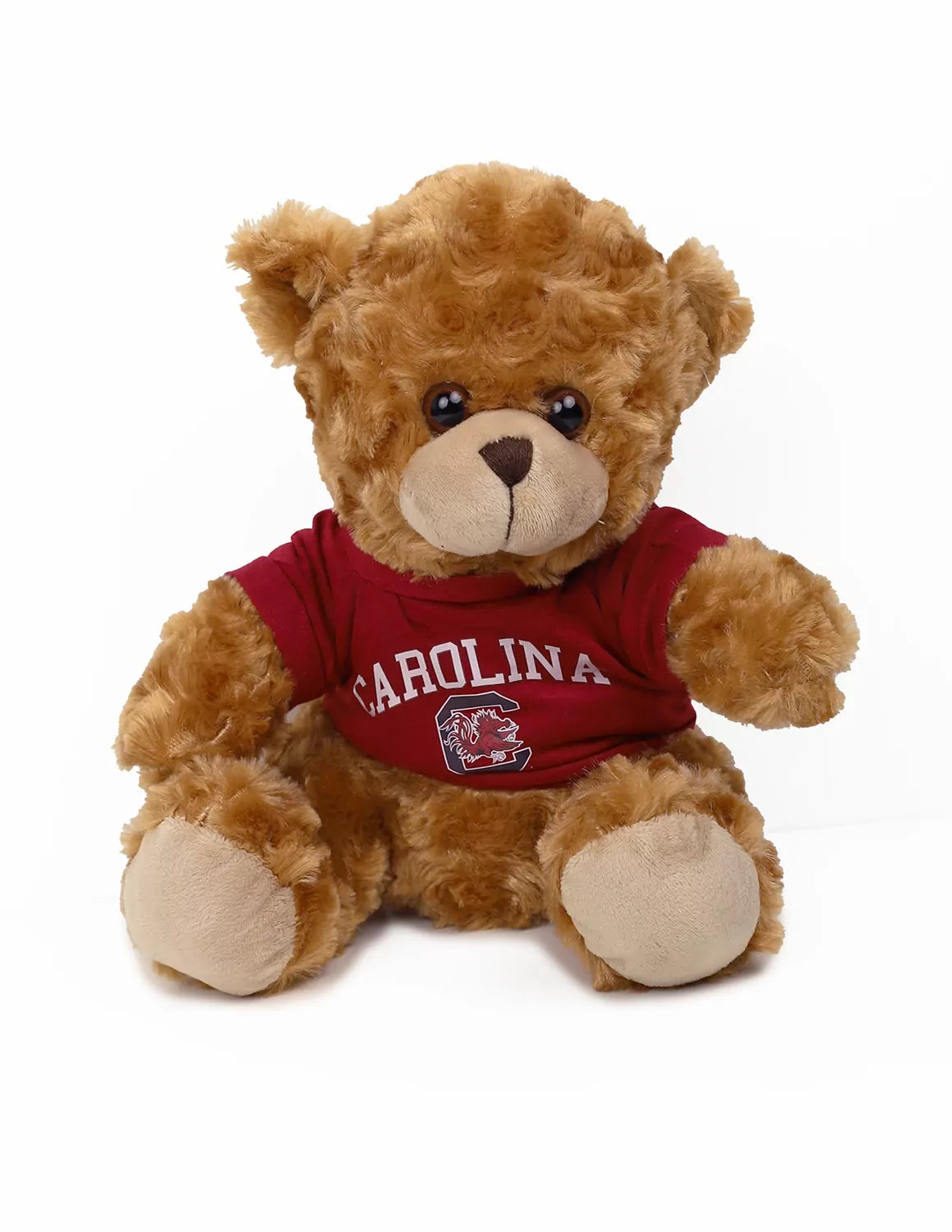 Brown University of South Carolina teddy bear plush that is wearing a garnet t-shirt with a Gamecocks logo and white lettering. 
