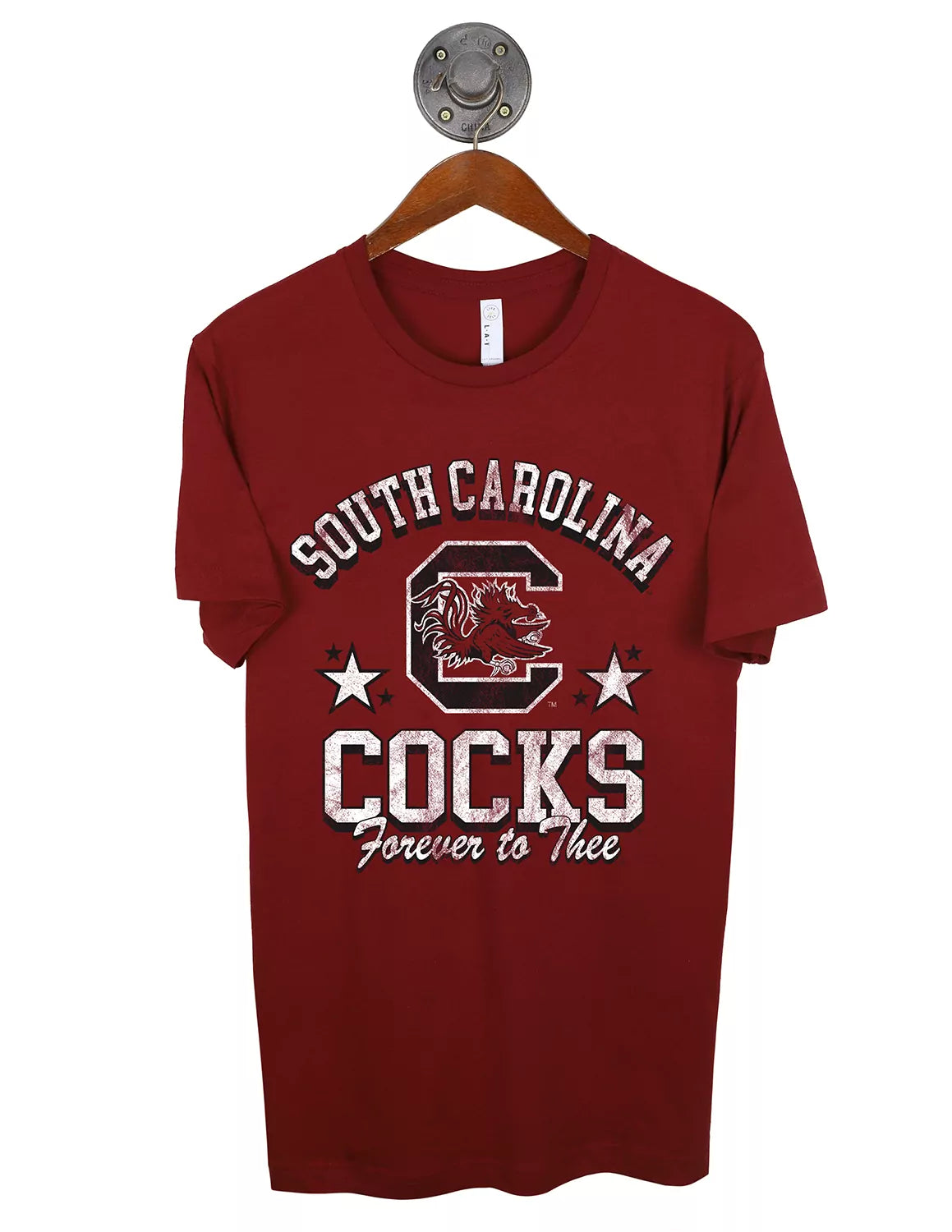 Garnet unisex University of South Carolina t-shirt featuring a Gamecock logo with white and black stars and lettering. 