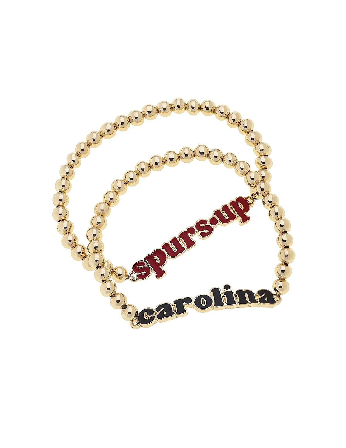 Gold University of South Carolina ball bead bracelet set of 2 that features two stretch bracelets that has "spurs up" and "carolina" text with black and garnet lettering. 