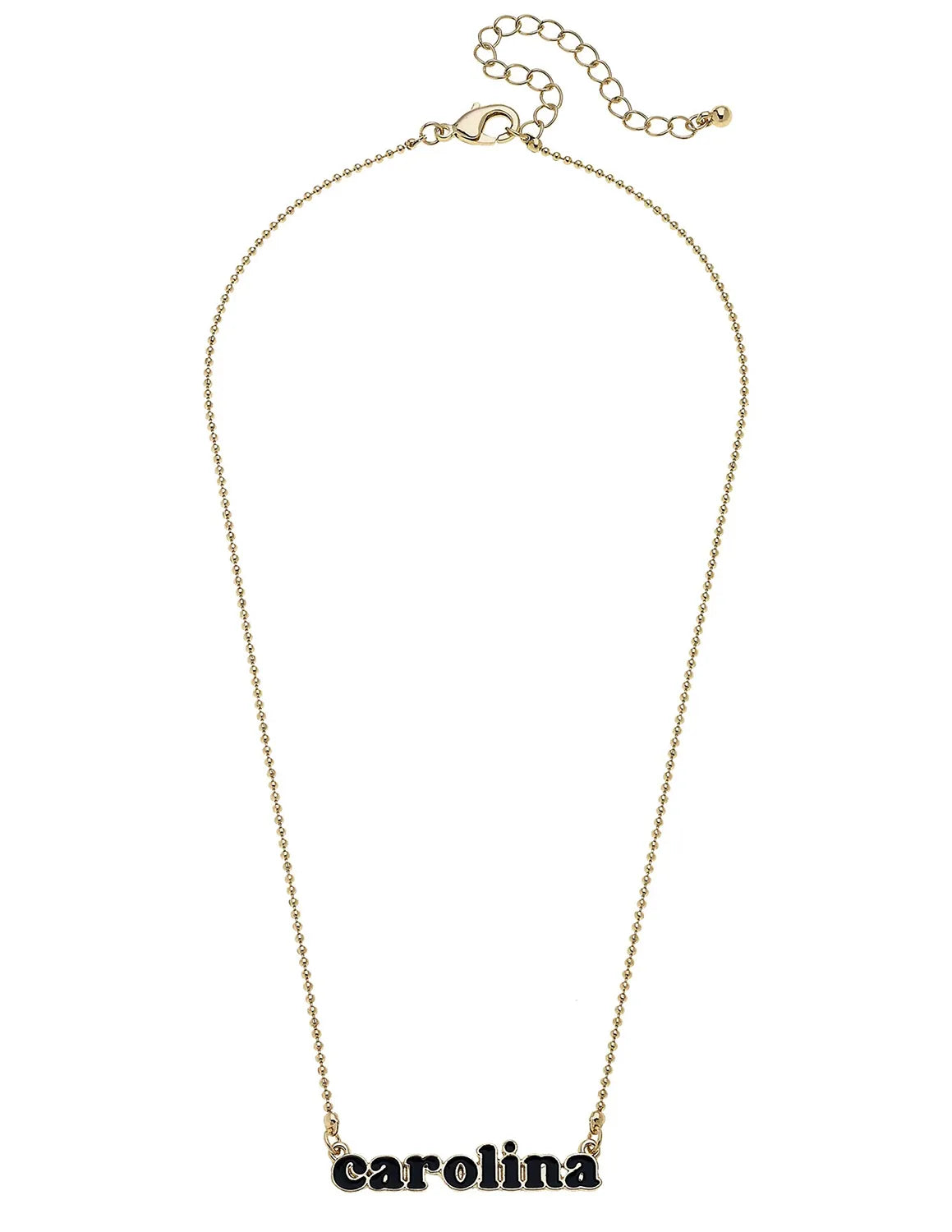 Gold University of South Carolina slogan necklace that features "carolina" text with black lettering. 