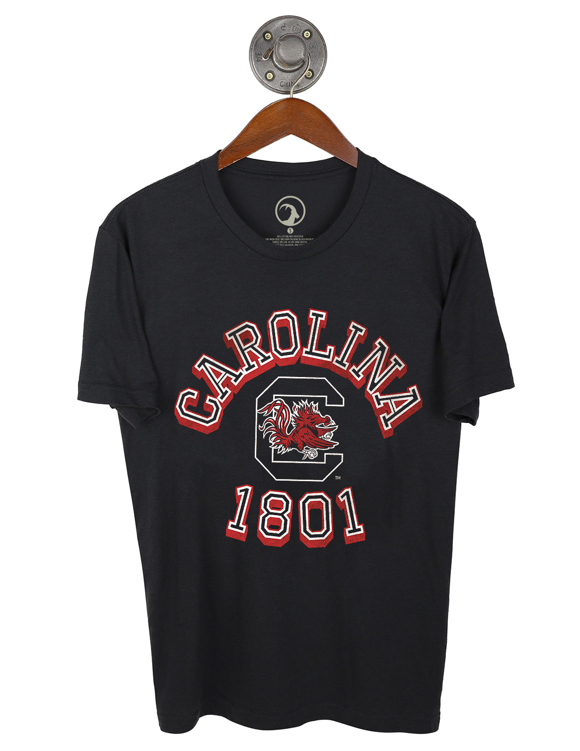 Graphite black unisex University of South Carolina t-shirt that features a Gamecocks logo with white and garnet lettering. 