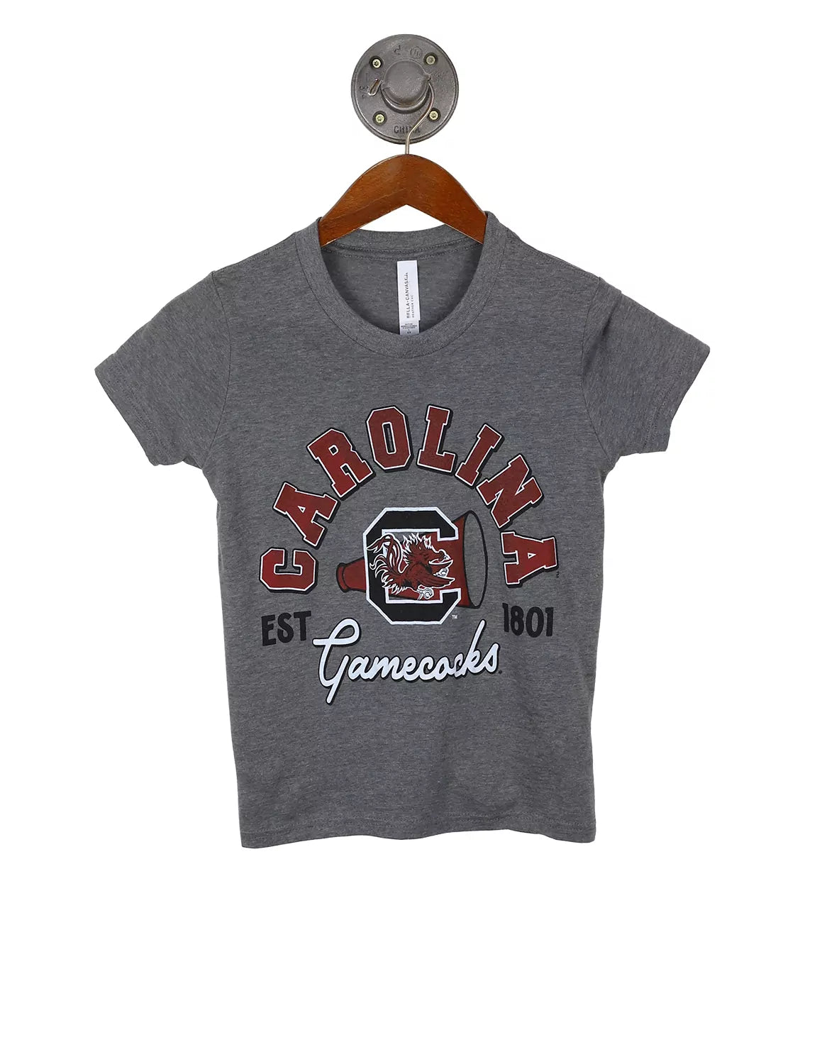 Heather grey University of South Carolina youth short-sleeve t-shirt featuring a Gamecocks logo and black, white, and garnet lettering.