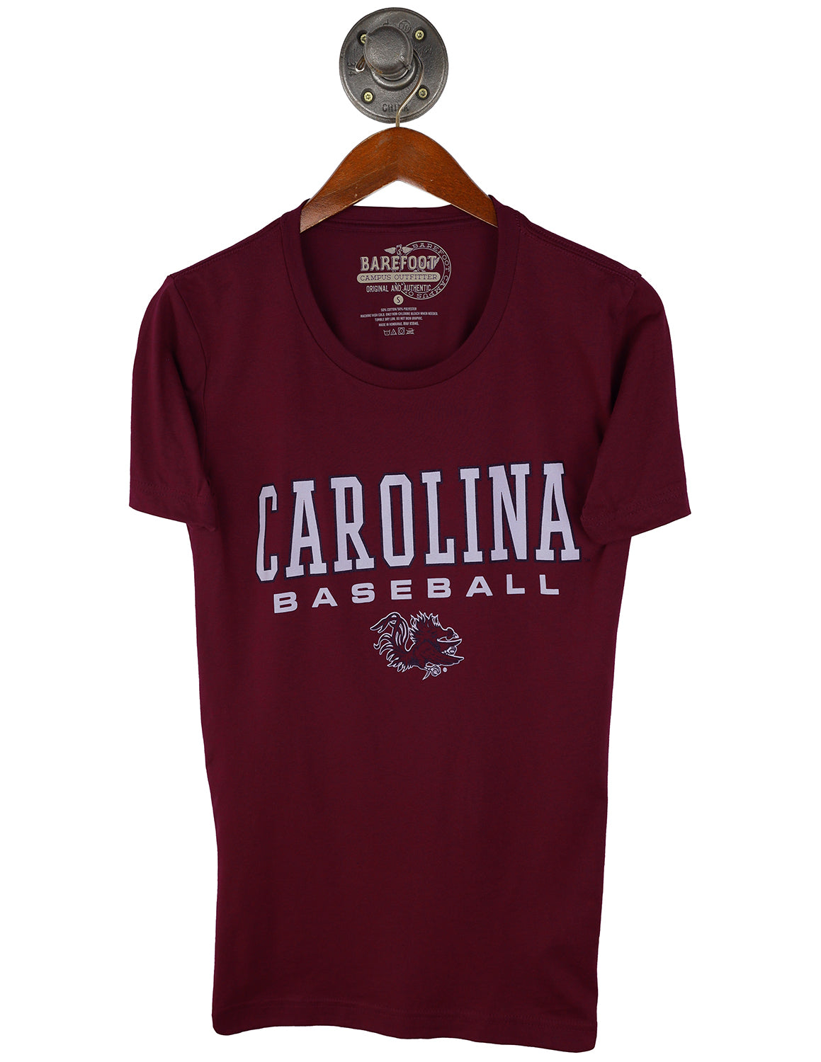 Heather cardinal University of South Carolina unisex t-shirt featuring "Carolina baseball" white text with a Gamecocks logo below. 