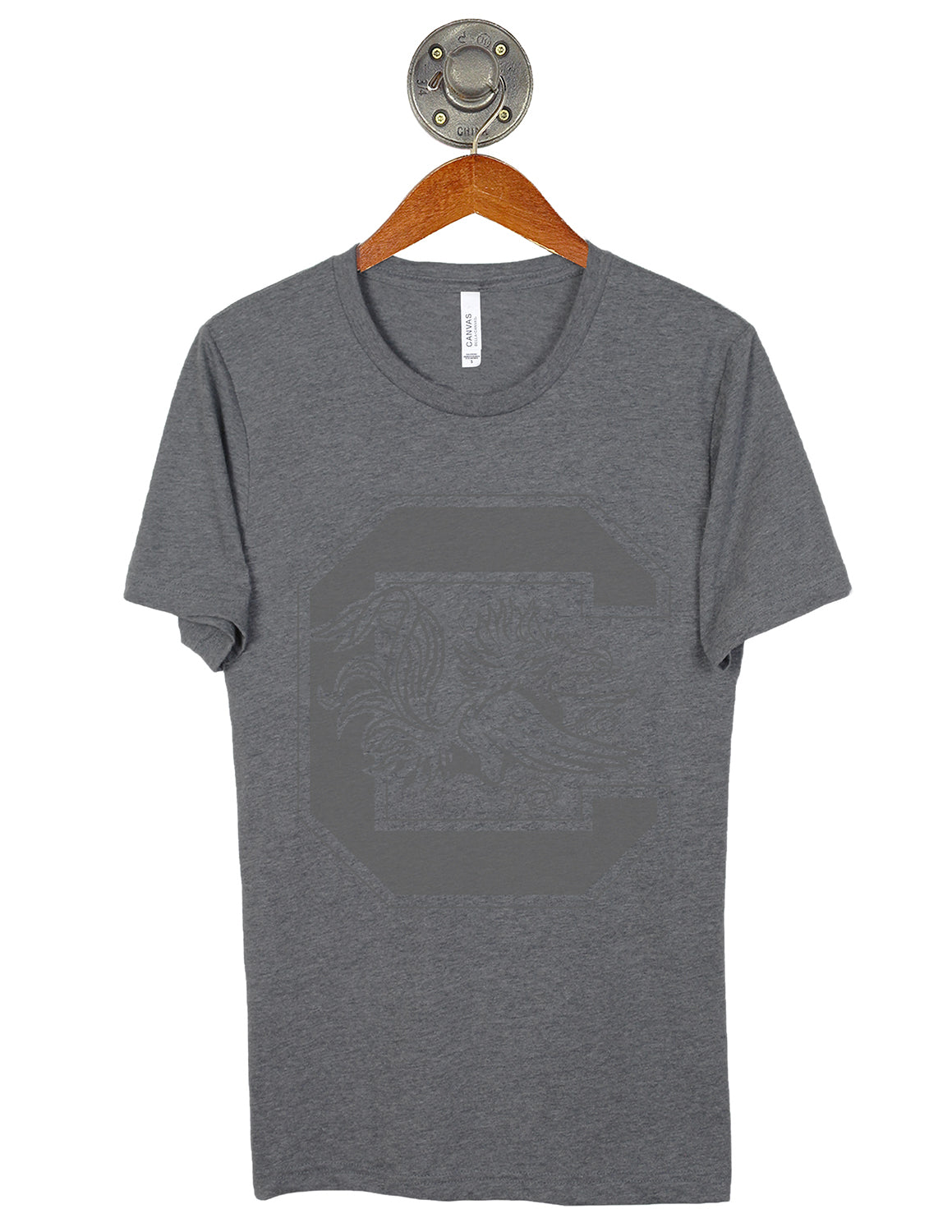 Heather grey University of South Carolina unisex t-shirt that features a grey USC logo on the front. 