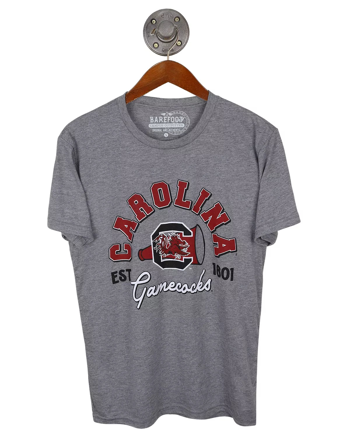 Heather grey University of South Carolina unisex short-sleeve t-shirt featuring a Gamecocks mascot logo and black, white, and red lettering. 