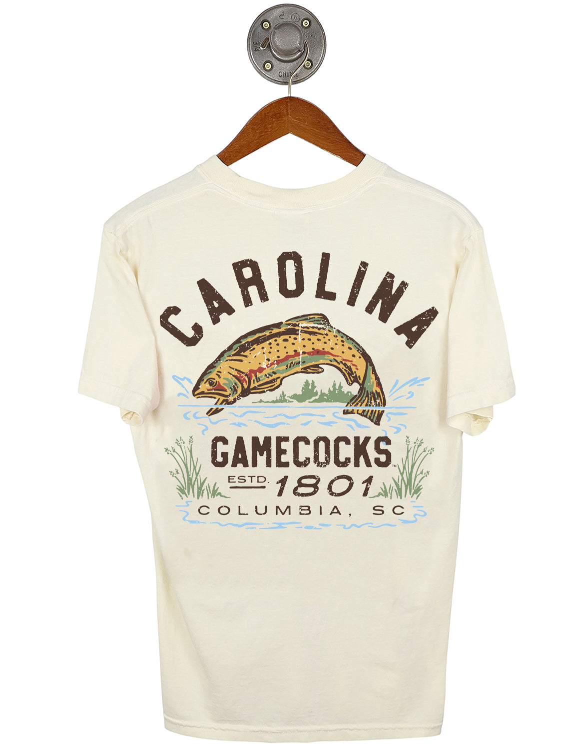 Back-view of ivory University of South Carolina unisex short-sleeve t-shirt that features a fish jumping out of water graphic with brown lettering. 