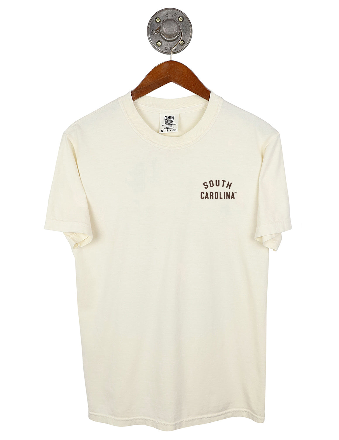 Ivory University of South Carolina unisex short-sleeve t-shirt that features a left chest design with brown lettering.