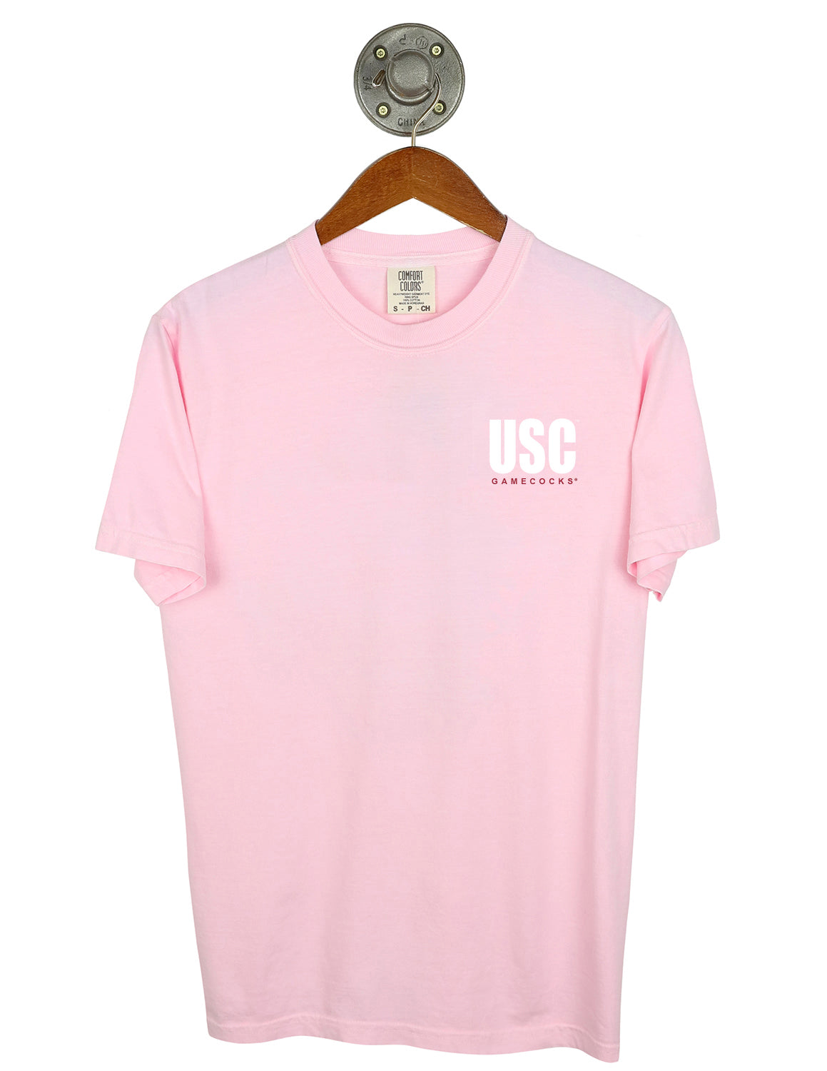 Front-view of light pink University of South Carolina Comfort Colors t-shirt that features a left chest design with white and garnet lettering.