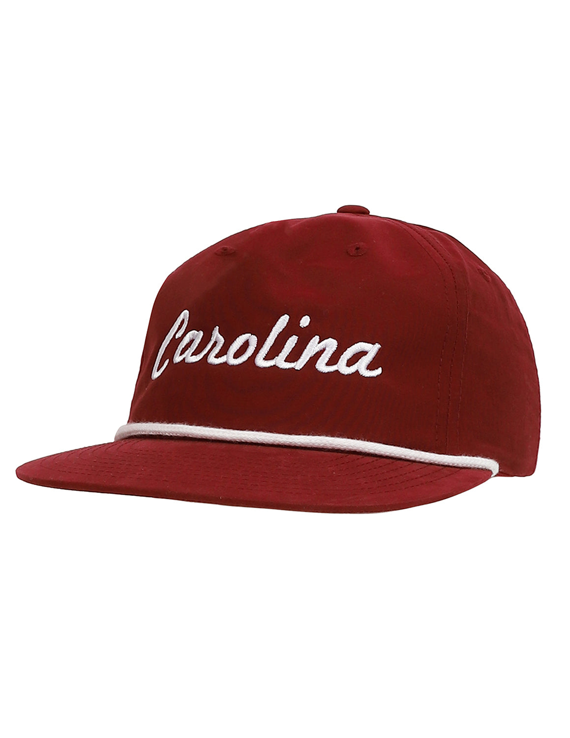 Cardinal red University of South Carolina hat that features a white brim rope detail and a wide brim with white script text that reads "Carolina."
