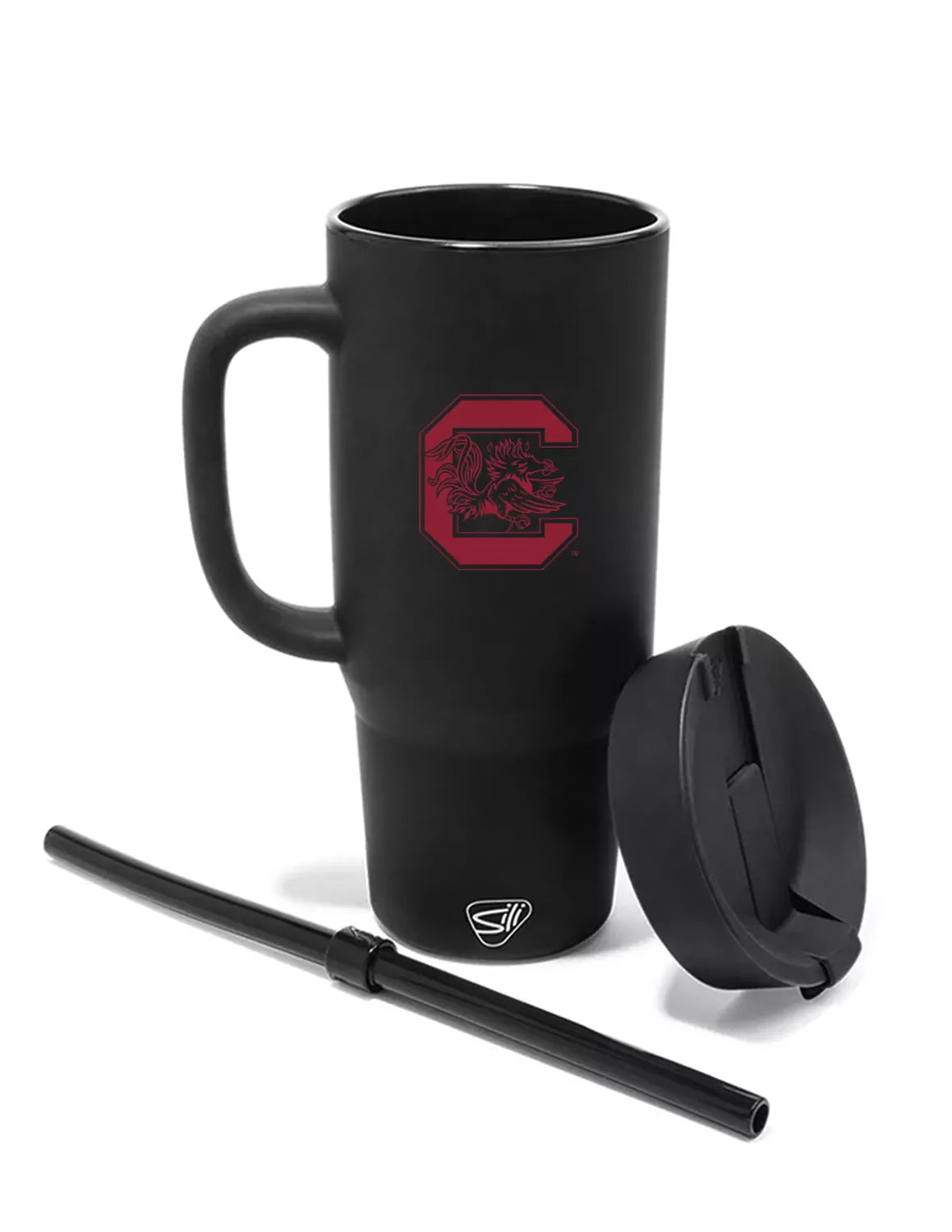 Black University of South Carolina silicone tumbler that features a handle, straw, and lid with a Gamecocks logo on the front. 