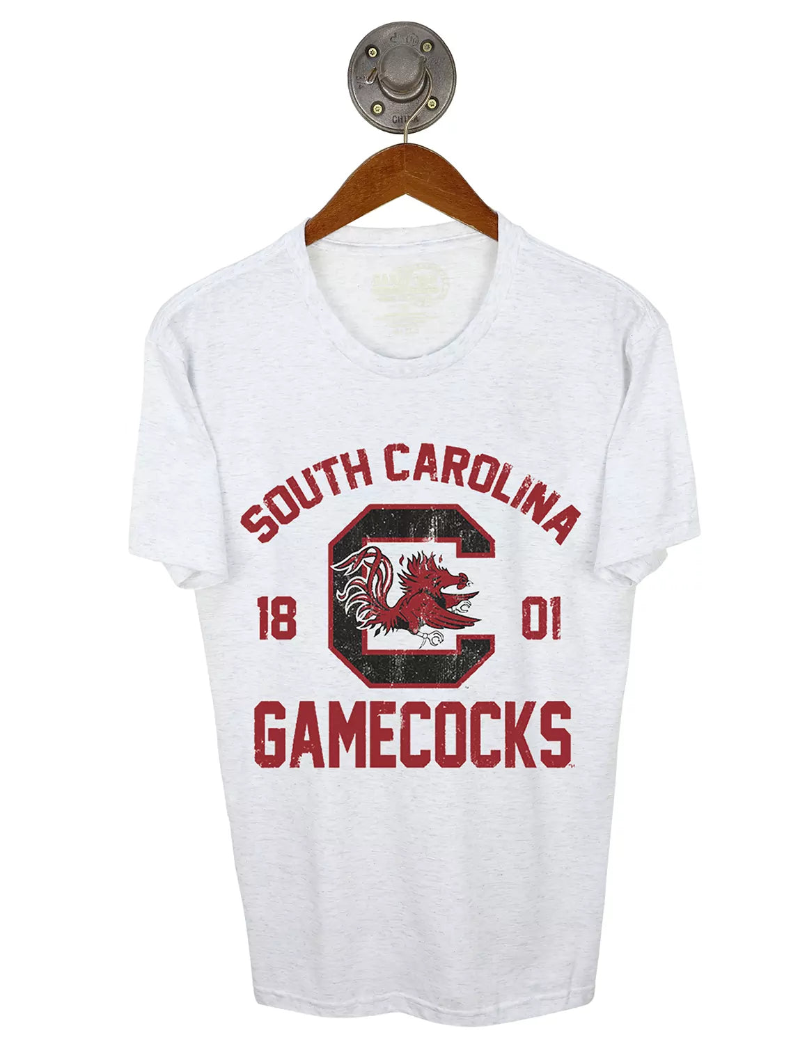 White heather unisex University of South Carolina t-shirt with a Gamecocks logo and garnet lettering around. 