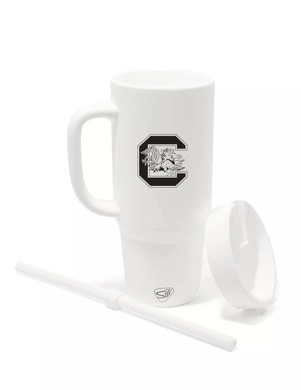 White University of South Carolina silicone tumbler with a handle, straw, and lid and features a black Gamecocks logo on the front. 