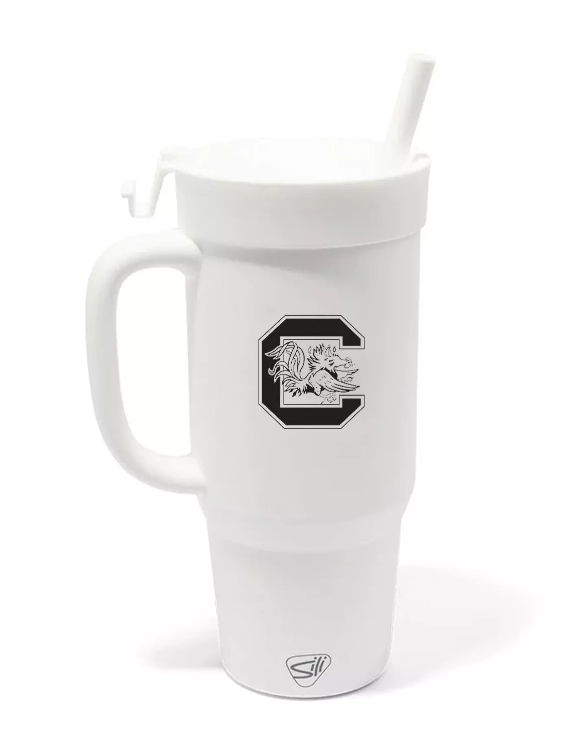 White University of South Carolina silicone tumbler with a handle and features a black Gamecocks logo on the front. 