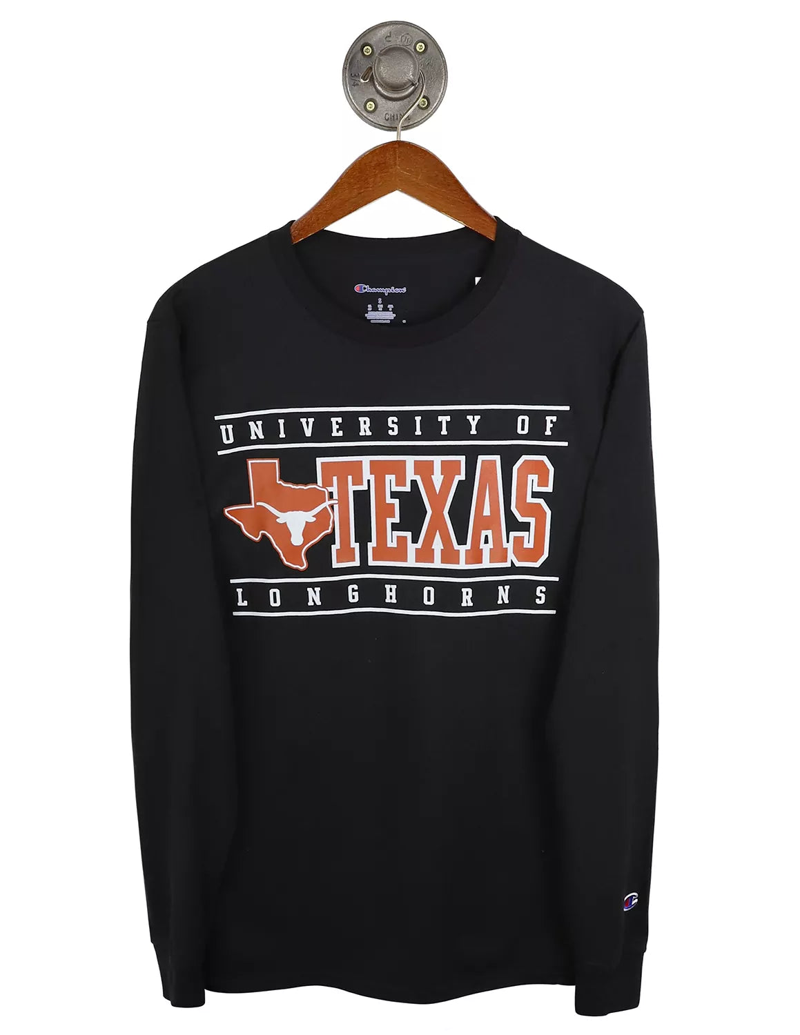 Black Champion University of Texas at Austin unisex t-shirt with a burnt orange and white Longhorns logo and lettering. 