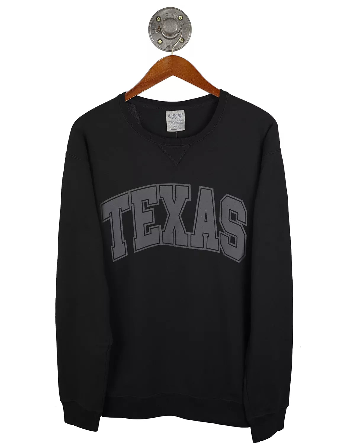 Black University of Texas at Austin unisex crewneck with black puff lettering. 