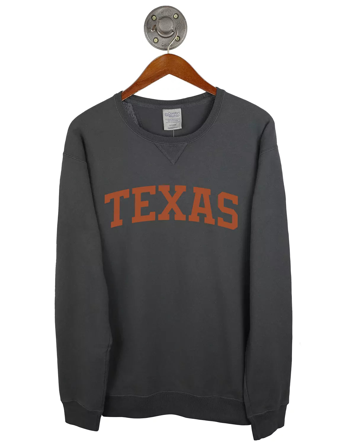 Black unisex University of Texas at Austin crewneck sweatshirt with orange lettering. 