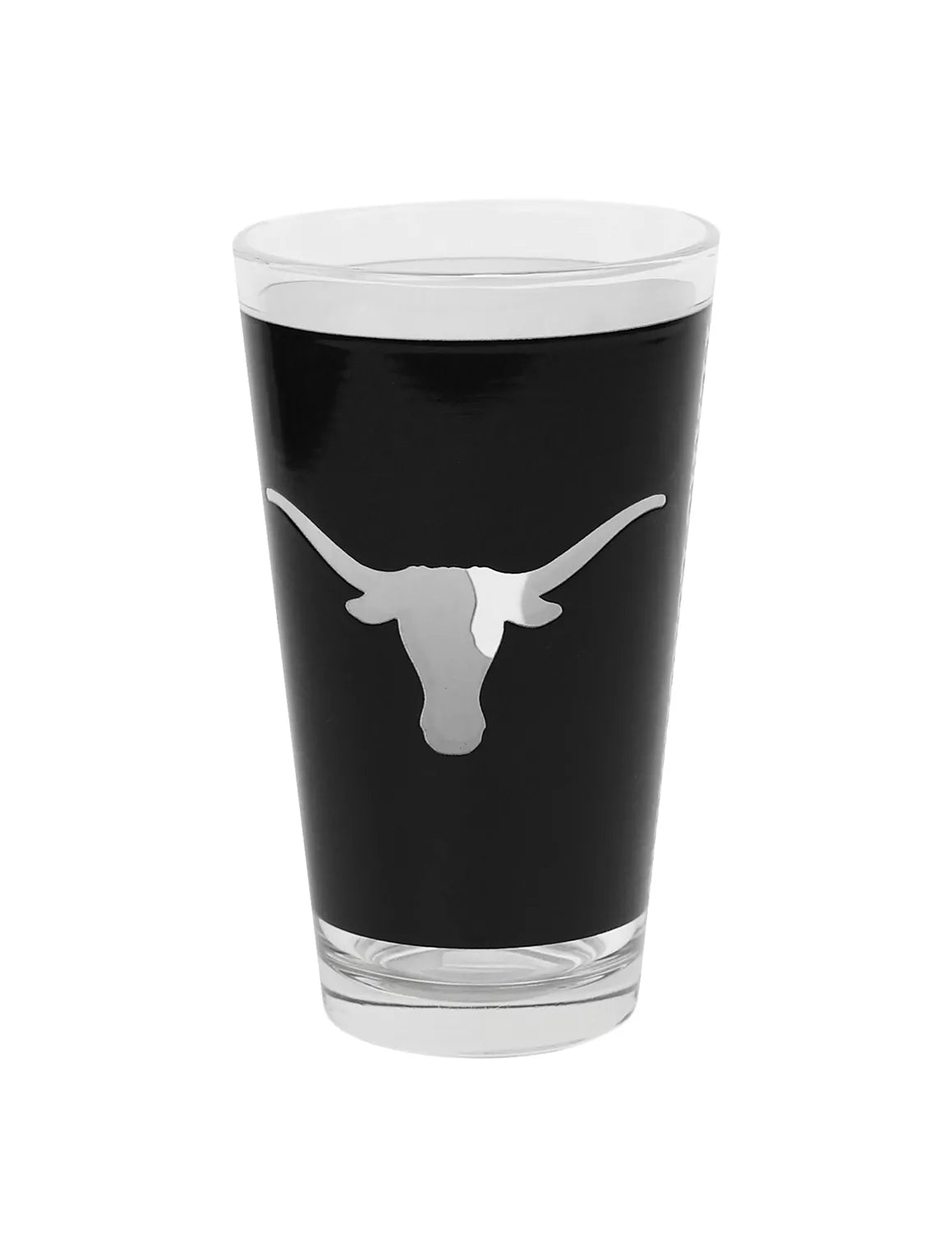 University of Texas at Austin pink glass that features a black longhorn design. 