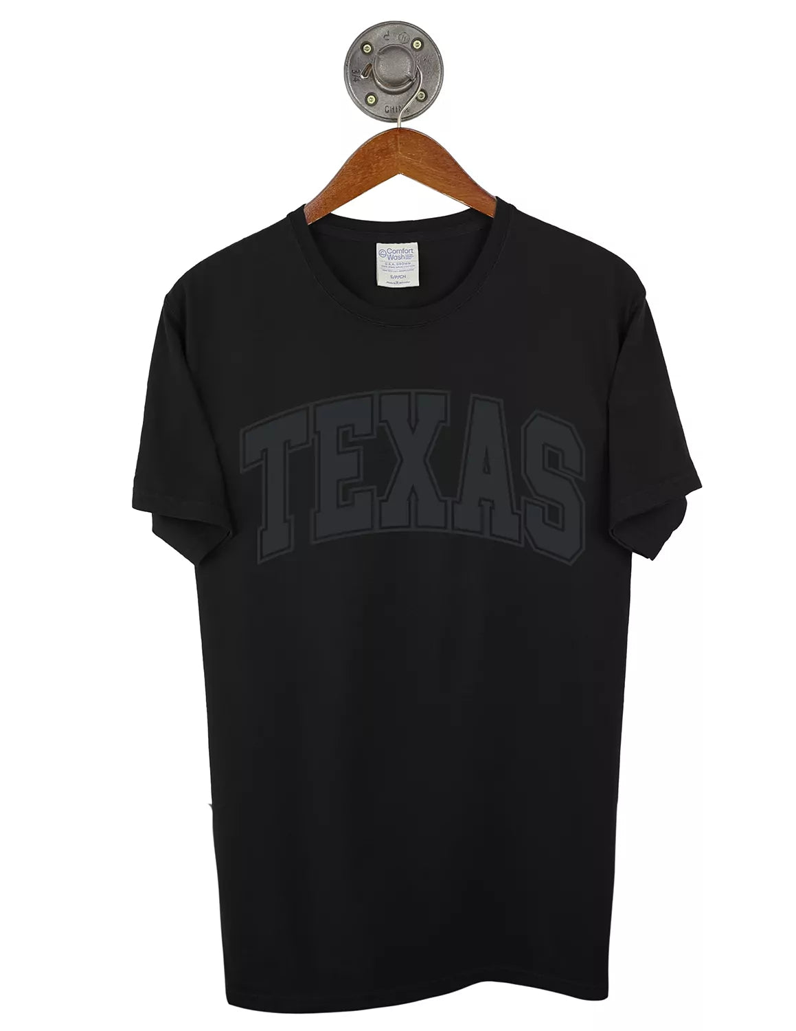 Black University of Texas at Austin unisex t-shirt with black puff lettering. 