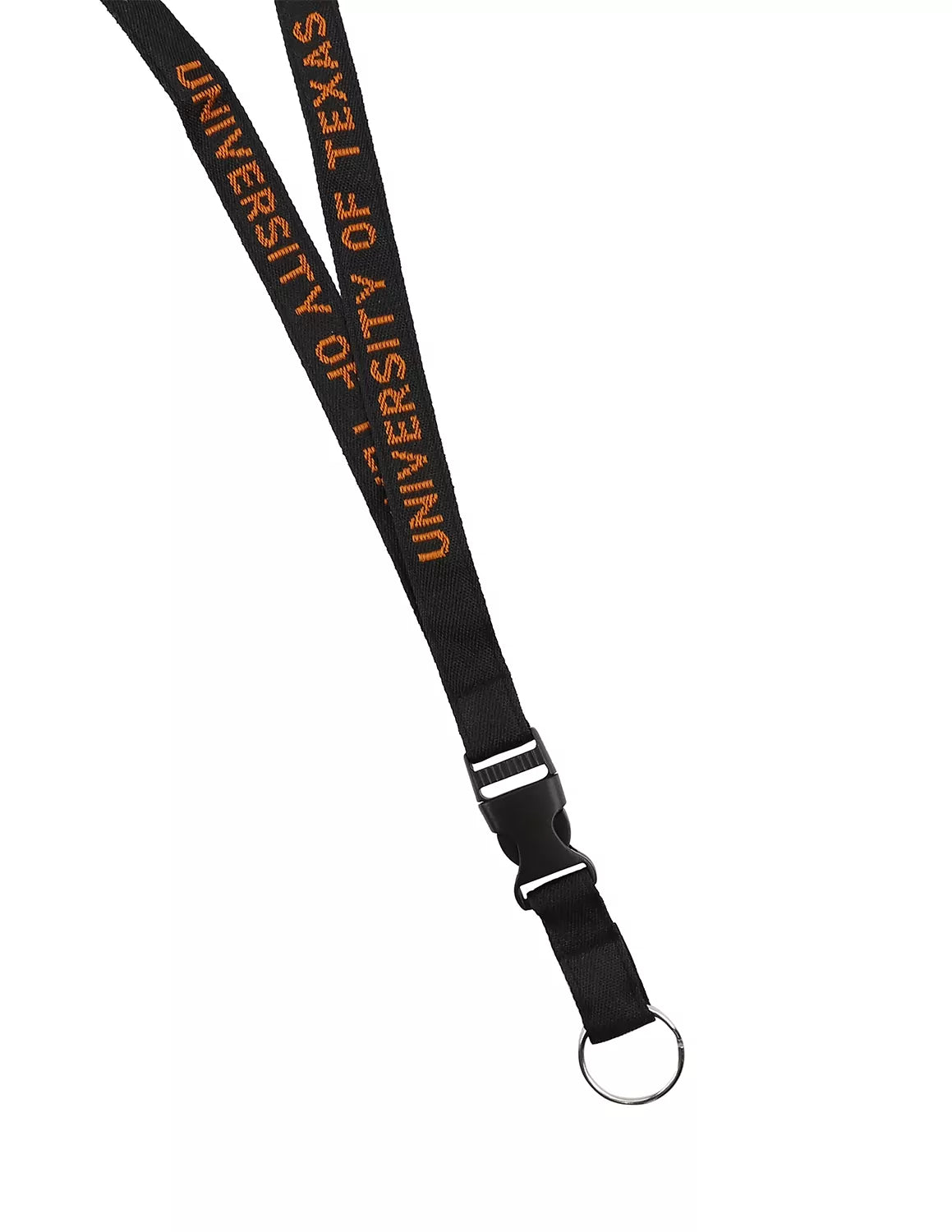 Black University of Texas at Austin woven lanyard that features burnt orange stitching. 
