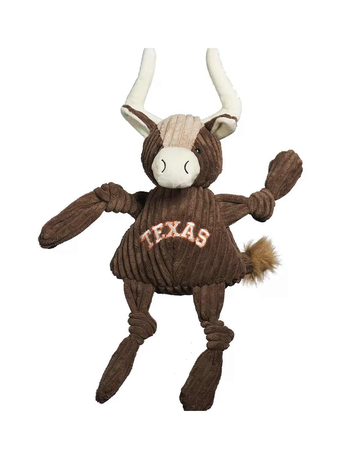 Front-view of brown University of Texas at Austin large plush dog toy that features a UT logo on the front. 