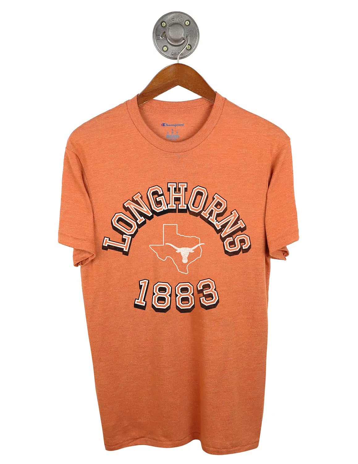 Burnt orange University of Texas at Austin unisex Champion t-shirt with black and white lettering and a Texas Longhorns logo. 