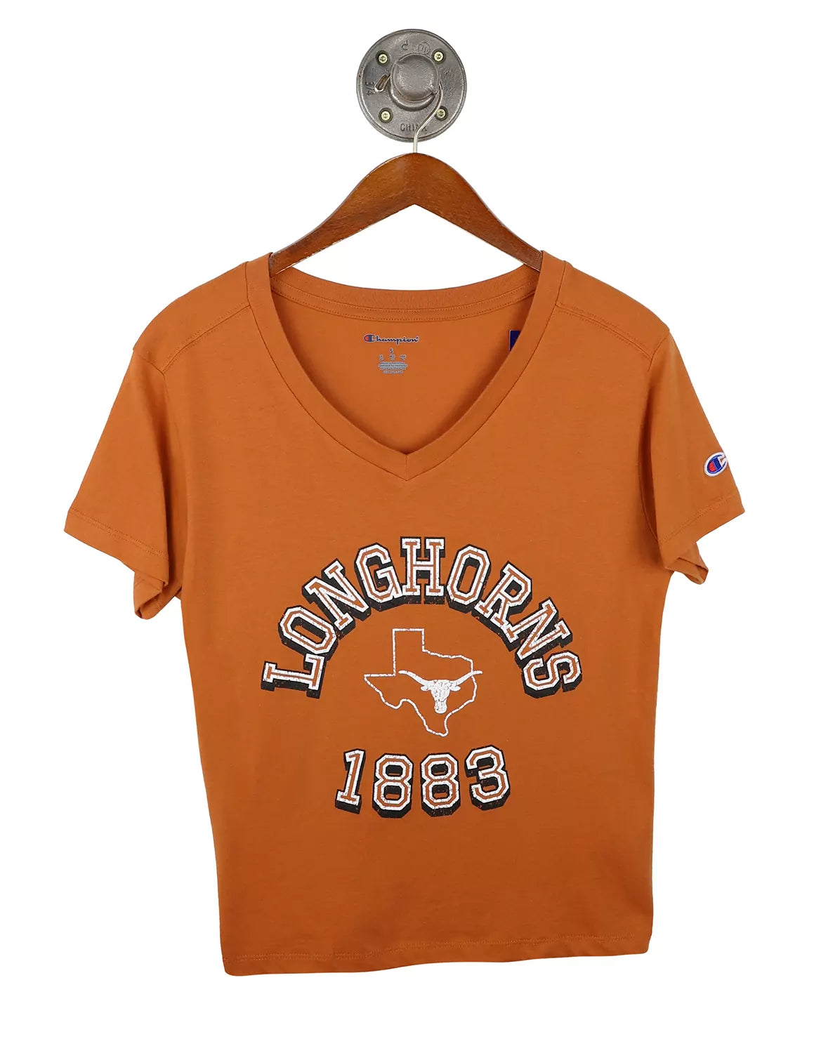 Burnt orange University of Texas at Austin women's Champion v-neck t-shirt with white and black lettering and a Texas Longhorns logo. 