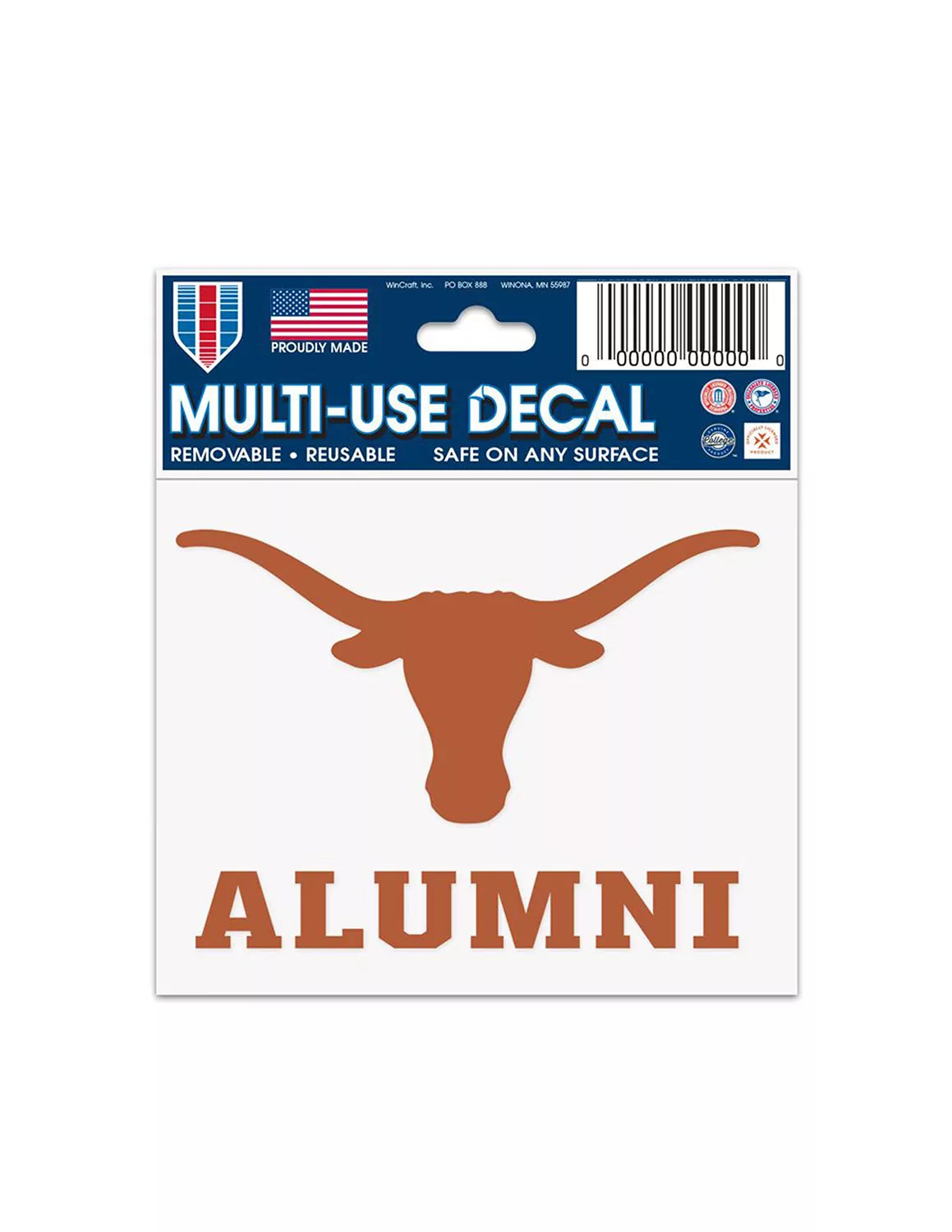 Burnt orange University of Texas at Austin decal that features a Longhorn logo and "alumni" text.