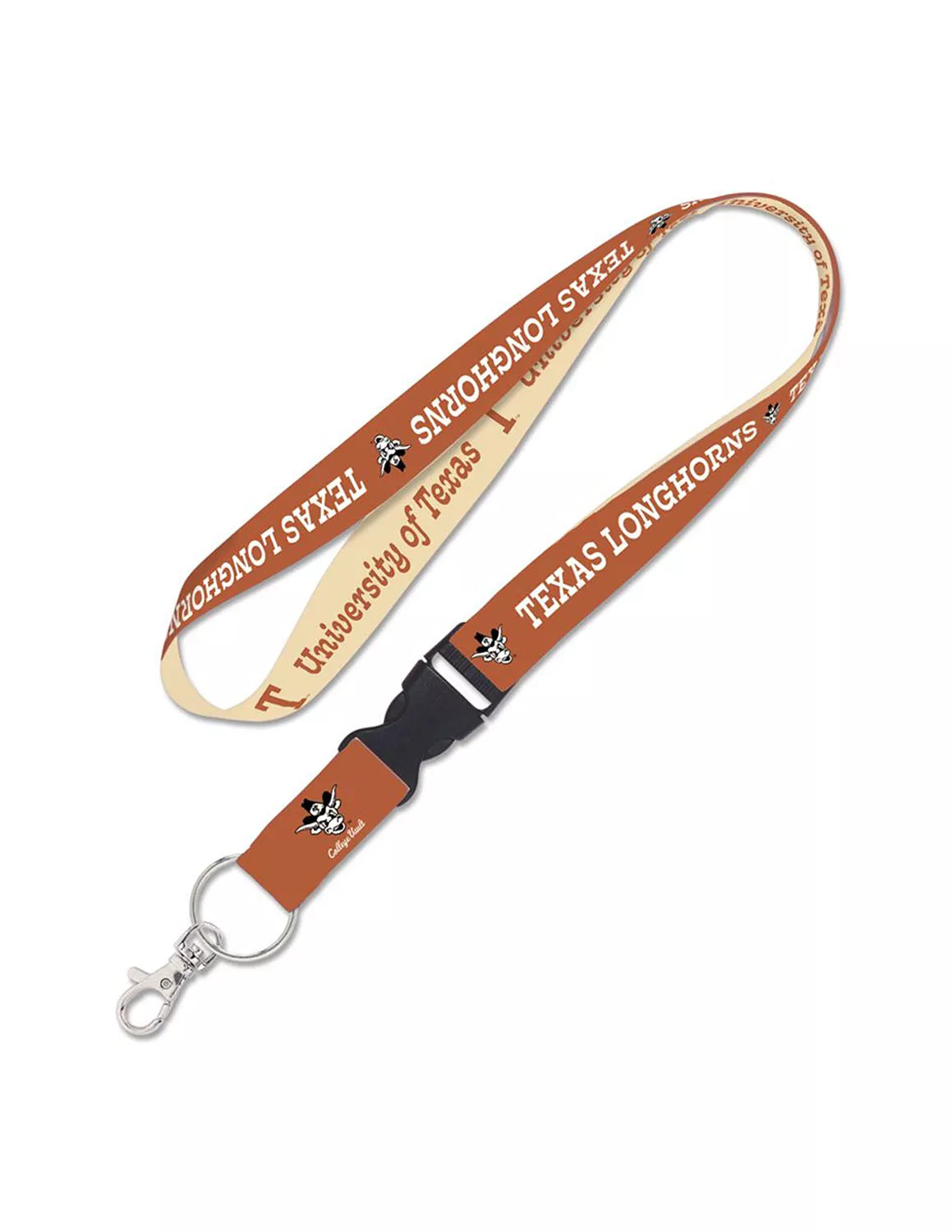 Burnt orange University of Texas at Austin buckle lanyard that features all over UT logos. 