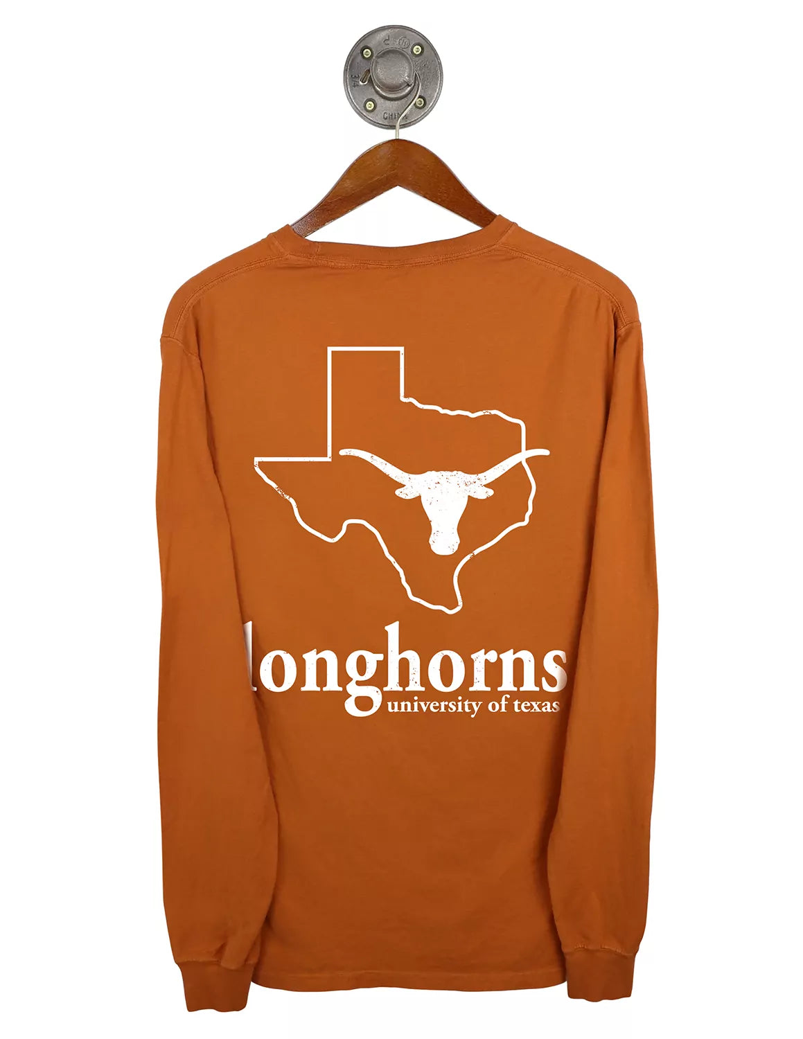 Burnt orange University of Texas at Austin unisex long-sleeve t-shirt with a Longhorn logo and white lettering on the back. 