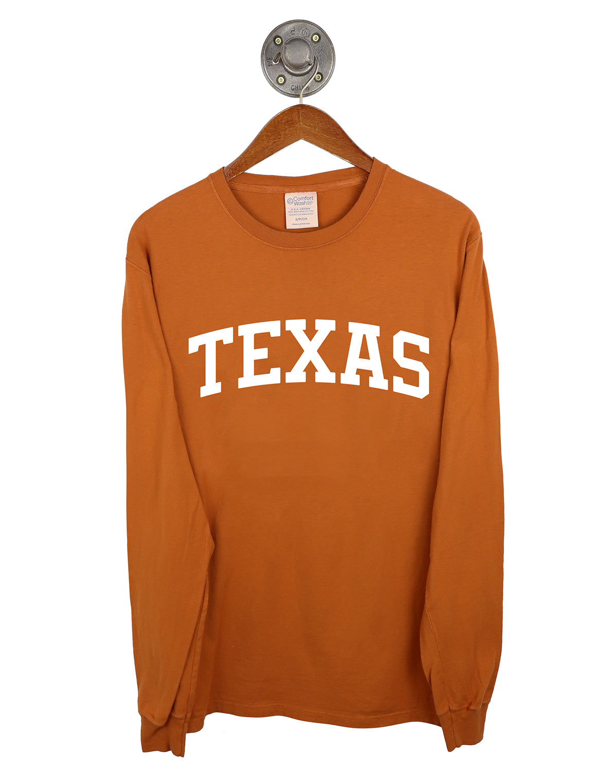 Burnt orange University of Texas at Austin unisex long-sleeve t-shirt with white lettering on the chest. 