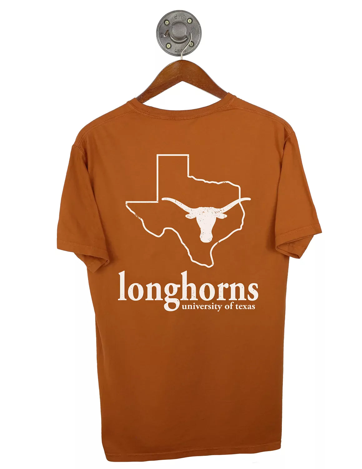 Burnt Orange University of Texas at Austin unisex t-shirt featuring a back design with a white Texas Longhorns logo and lettering. 