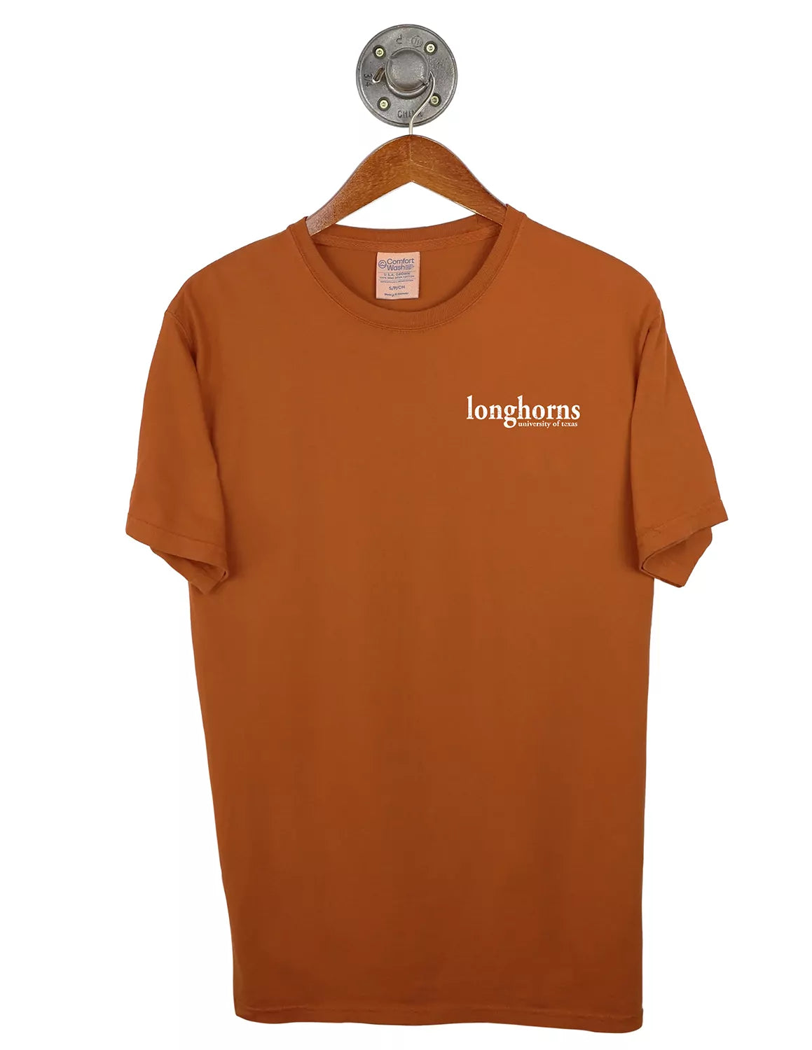 Burnt orange University of Texas at Austin unisex t-shirt featuring a left chest front design with white lettering. 