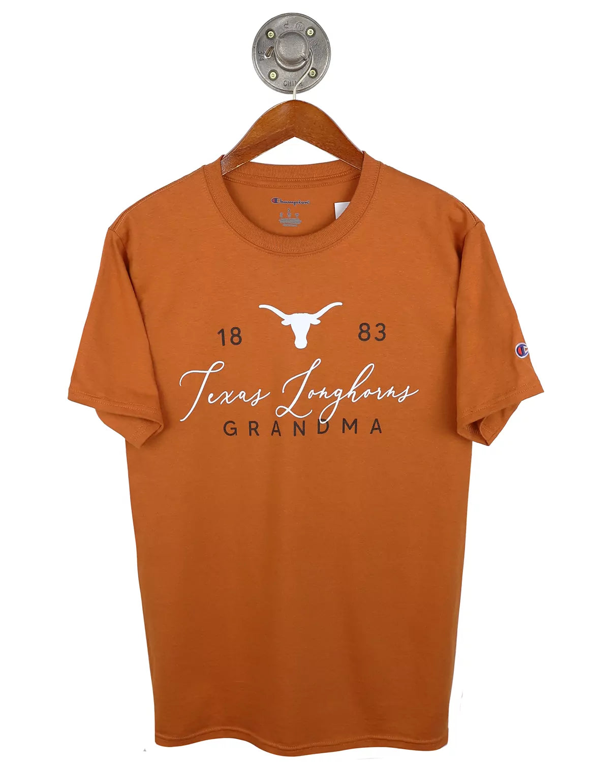 Burnt orange University of Texas at Austin unisex grandma t-shirt with black and white lettering. 
