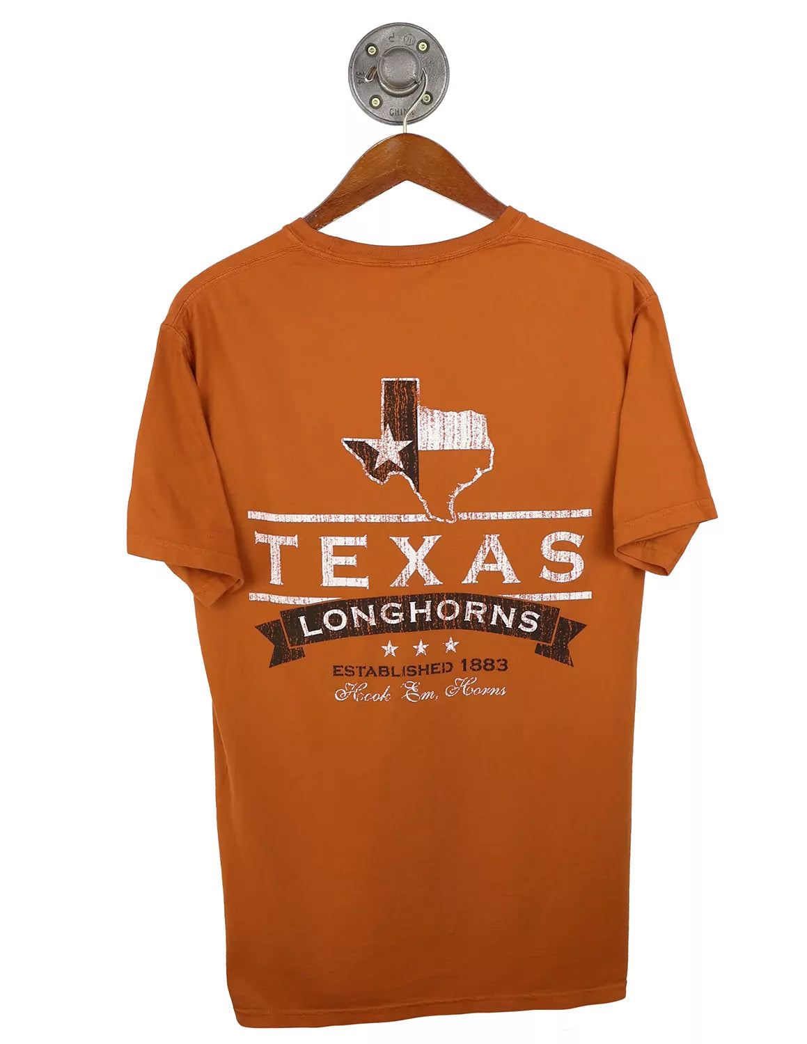 Burnt orange University of Texas at Austin unisex t-shirt with a back design featuring a navy and white graphic of the state of Texas logo and lettering in white.