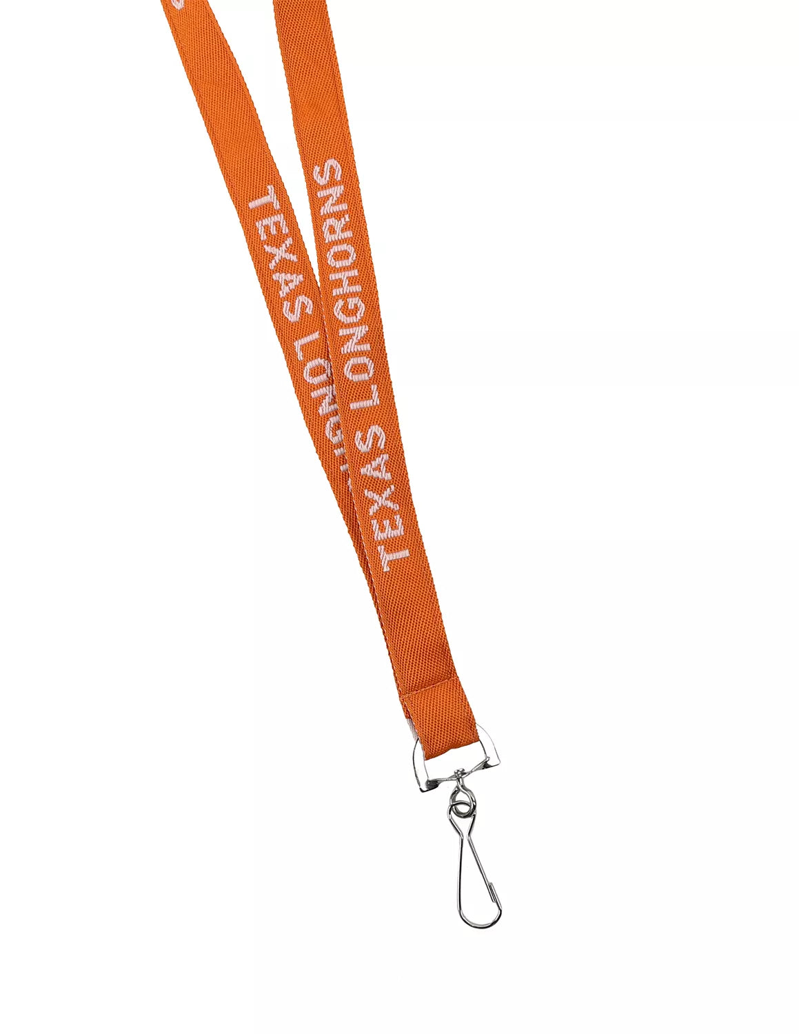 Burnt orange University of Texas at Austin woven lanyard that features white stitching. 