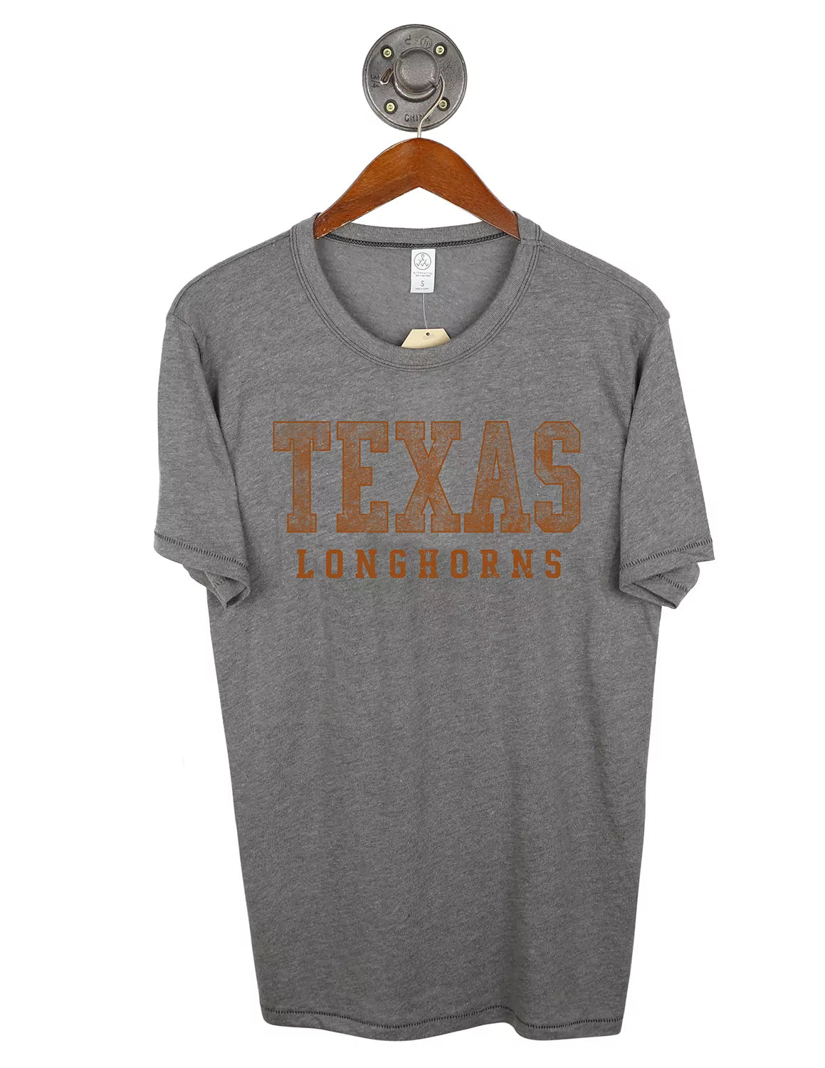 Charcoal unisex University of Texas at Austin t-shirt with orange lettering. 