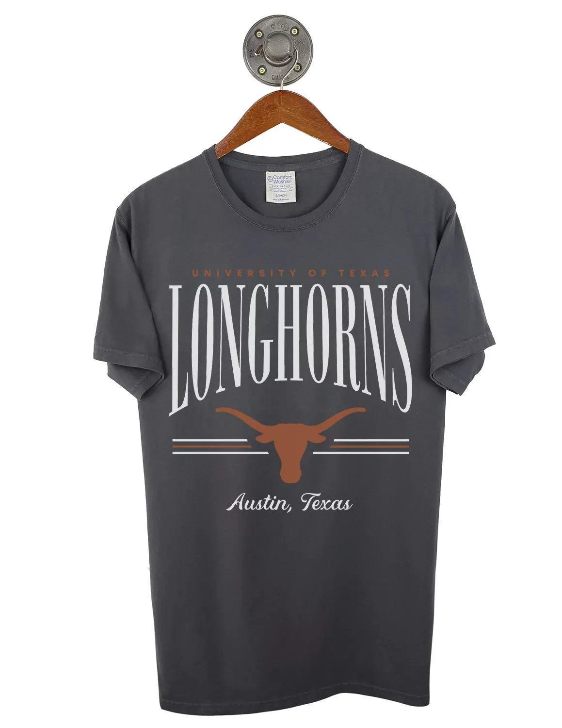 Charcoal University of Texas at Austin unisex t-shirt that features a longhorns logo with white and burnt orange lettering. 