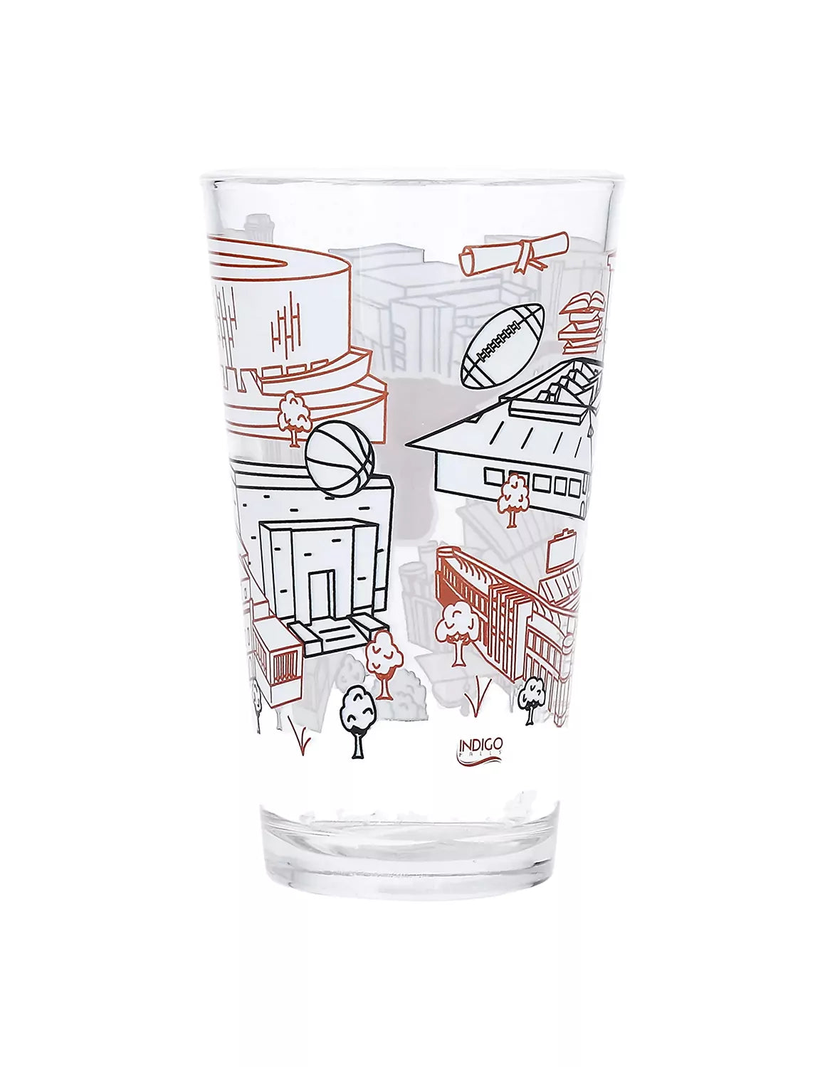 Clear University of Texas at Austin pint class that features a campus line art design around the glass. 