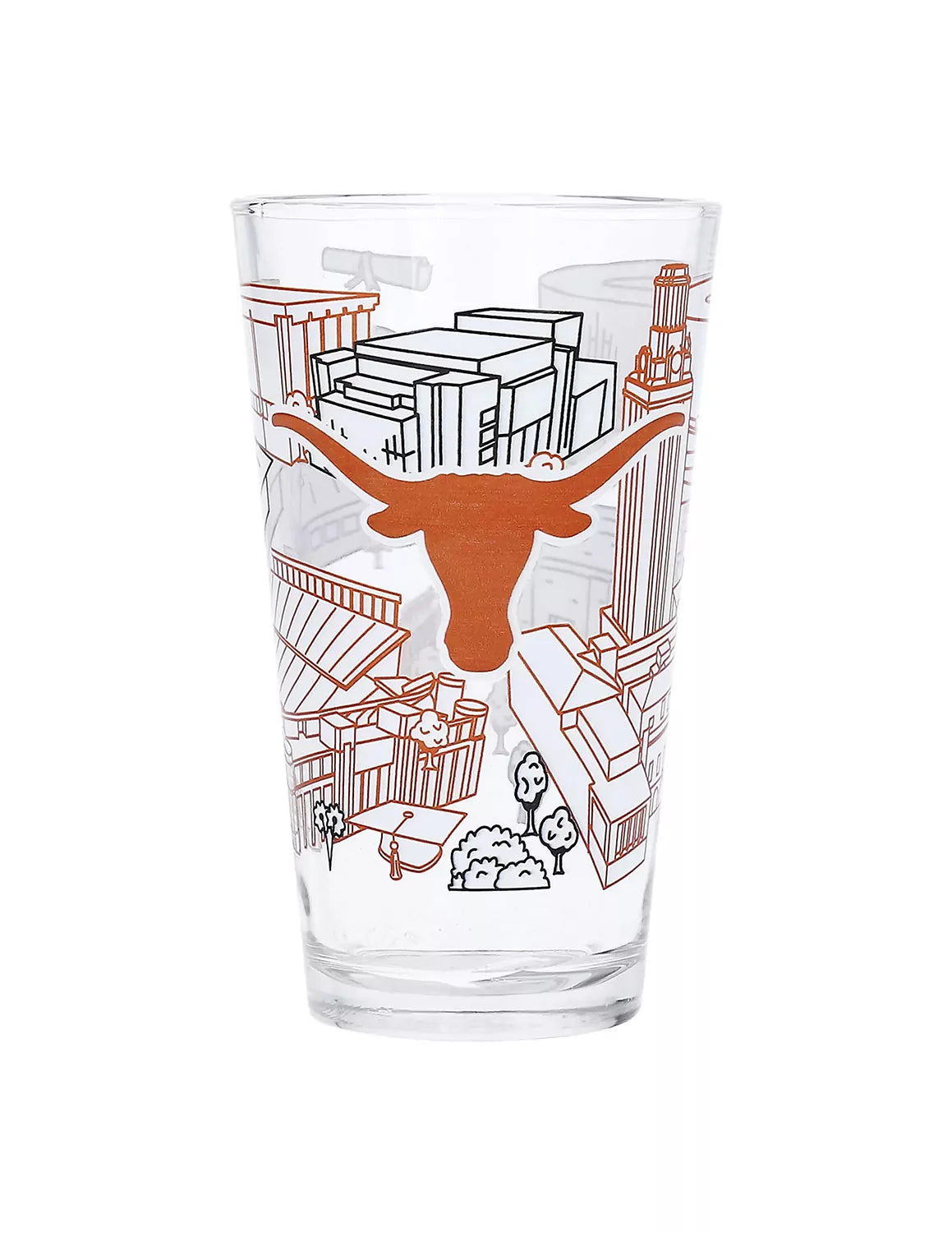 Clear University of Texas at Austin pint class that features a campus line art design and a longhorns logo around the glass. 