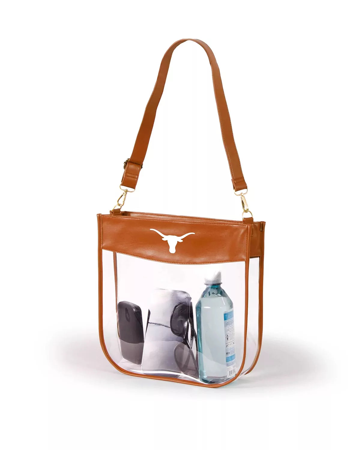 Clear University of Texas at Austin purse that features a clear vinyl and soft vegan leather with a Longhorns logo on the front. 